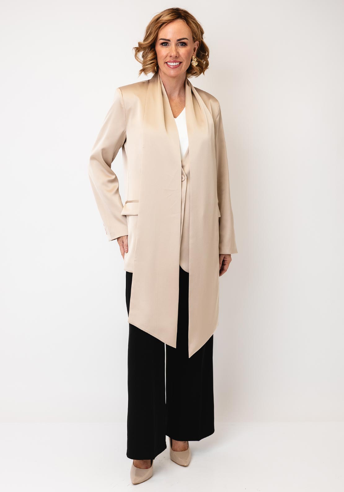 Serafina Collection Satin Blazer and Scarf, Beige