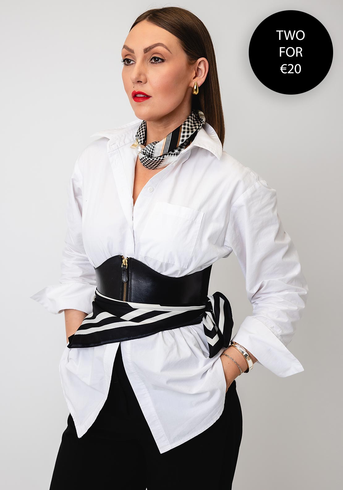Serafina Collection Magnetic Pearl Check Print Neck Scarf, Black & White