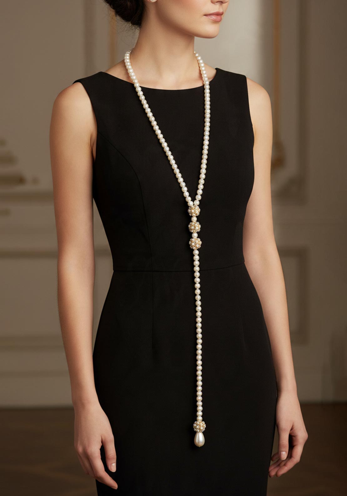 Serafina Faux Pearl Diamante Charm Long Necklace, White