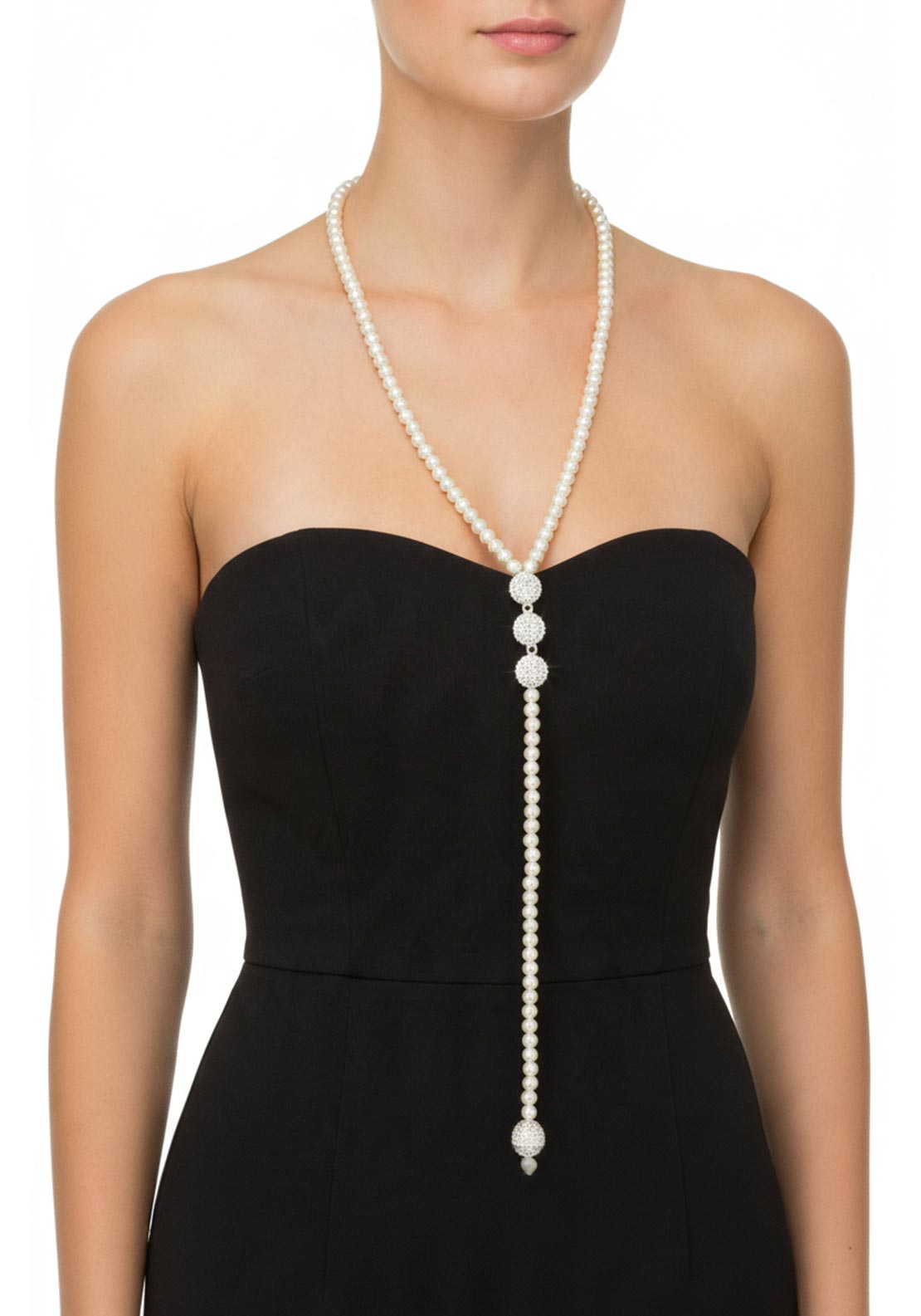 Serafina Faux Pearl Diamante Charm Long Necklace, White