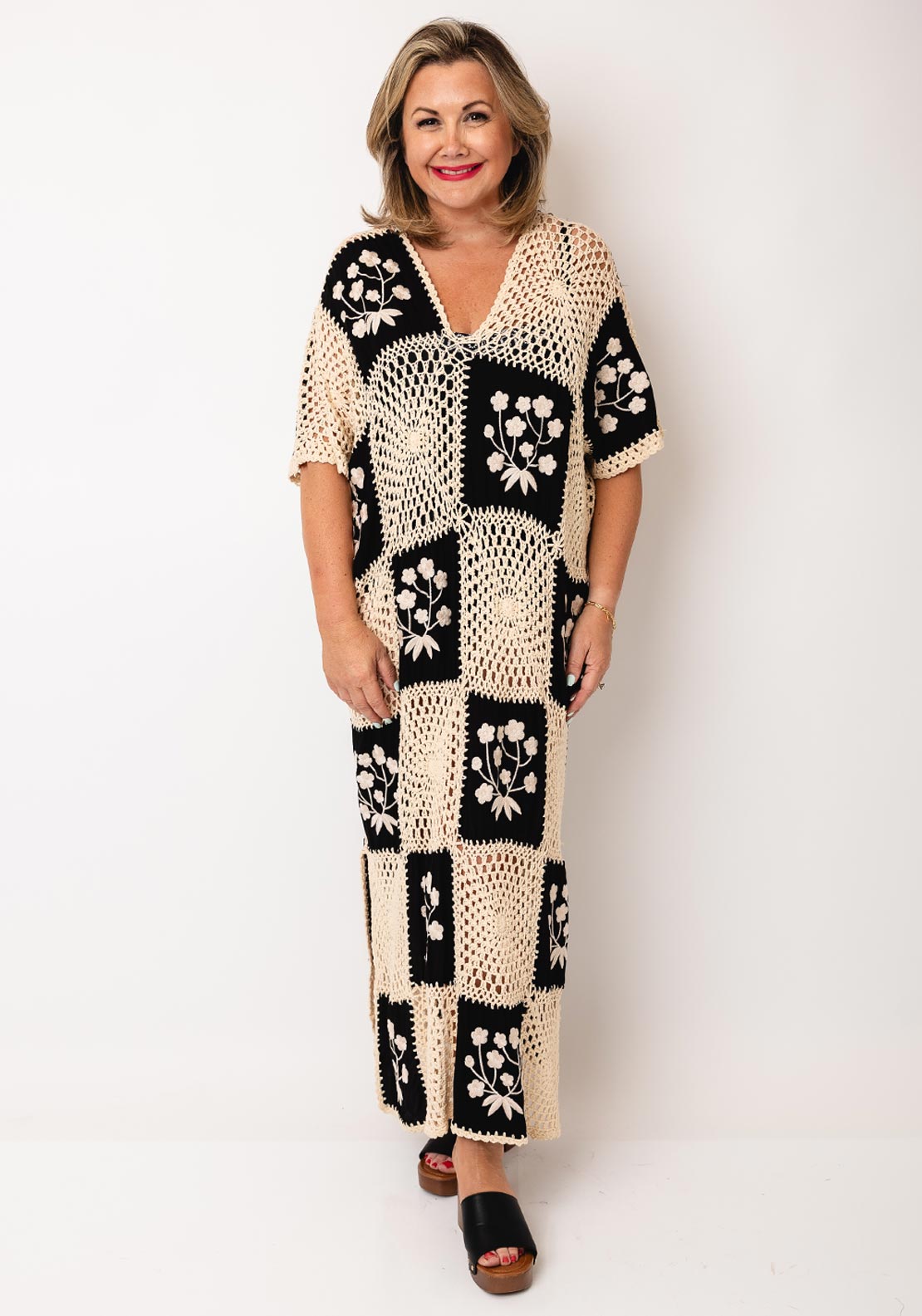 Serafina Collection One Size Crochet Beach Dress, Cream and Black