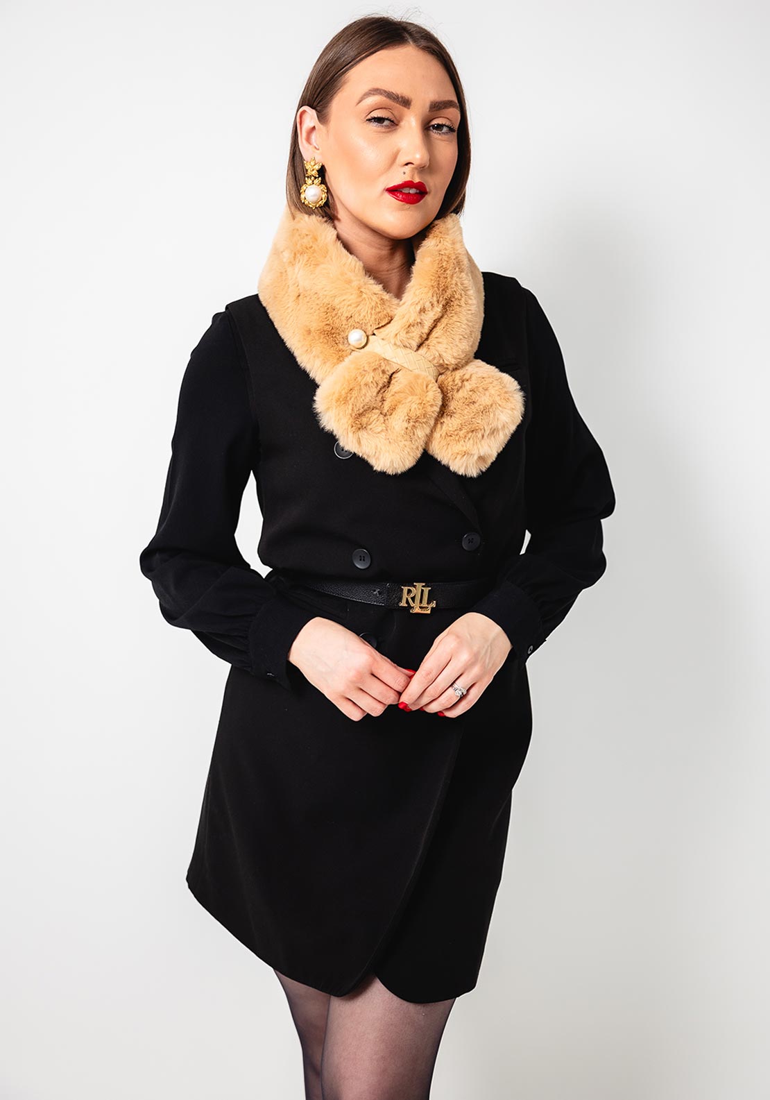 Serafina Collection Pearl Detail Faux Fur Scarf, Camel