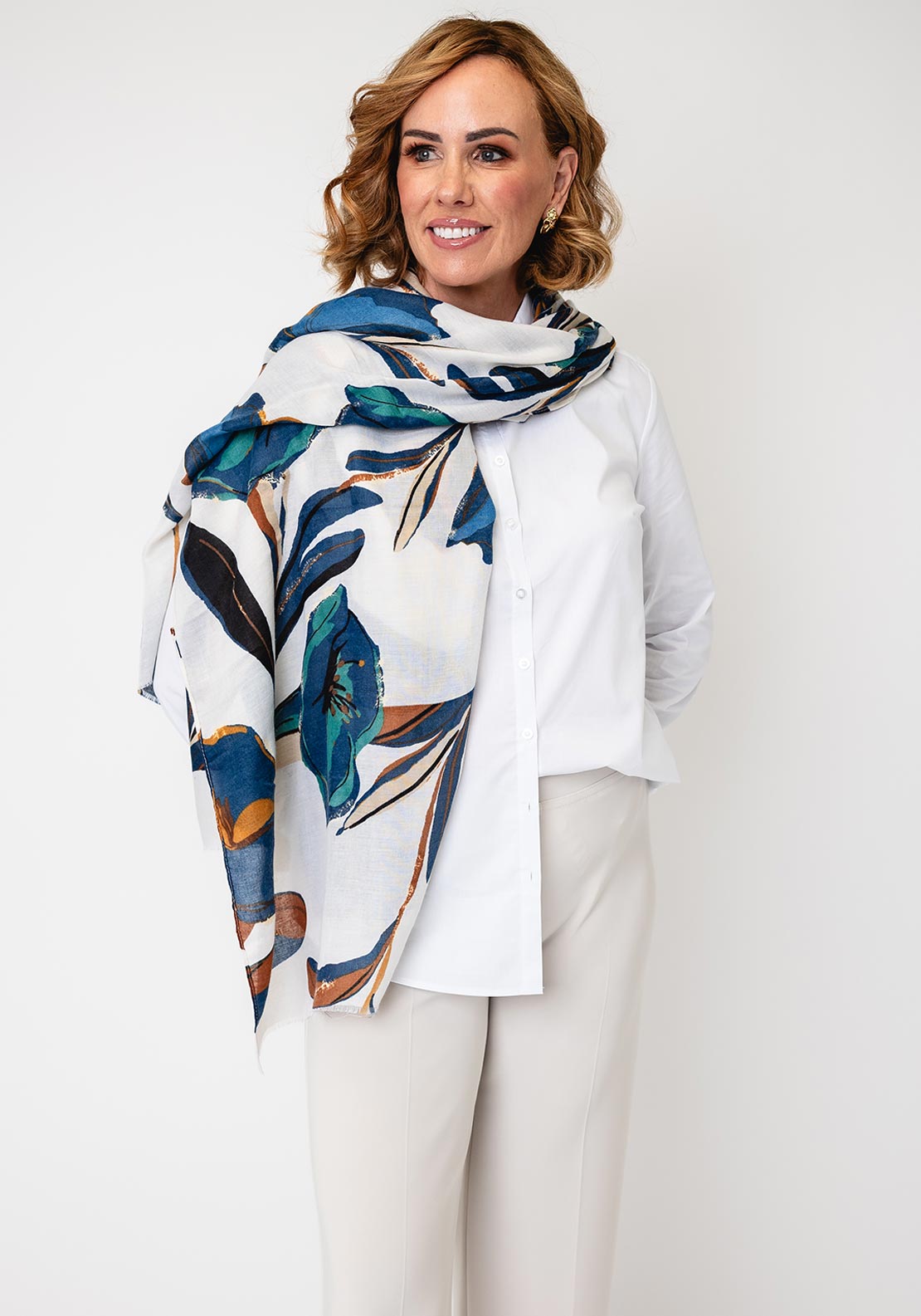 Serafina Collection Floral Print with Gold Jacquard Detail Scarf, Beige Multi