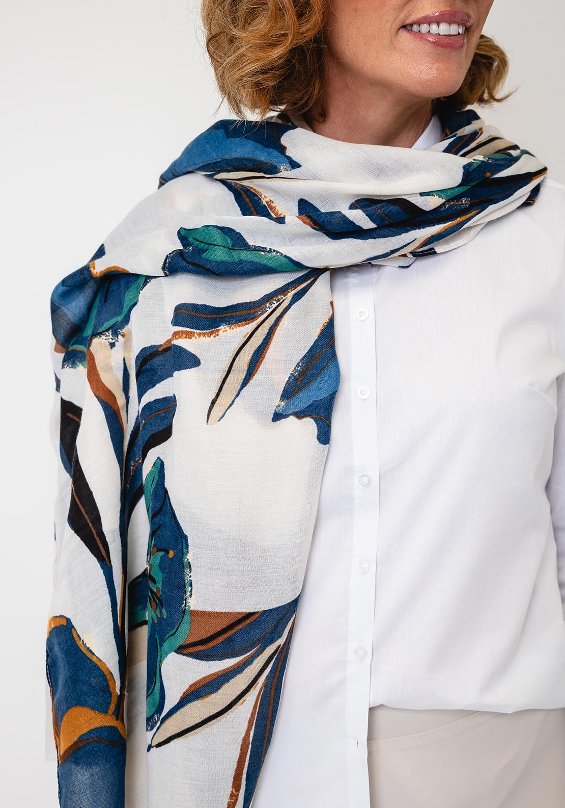 Serafina Collection Floral Print with Gold Jacquard Detail Scarf, Beige Multi