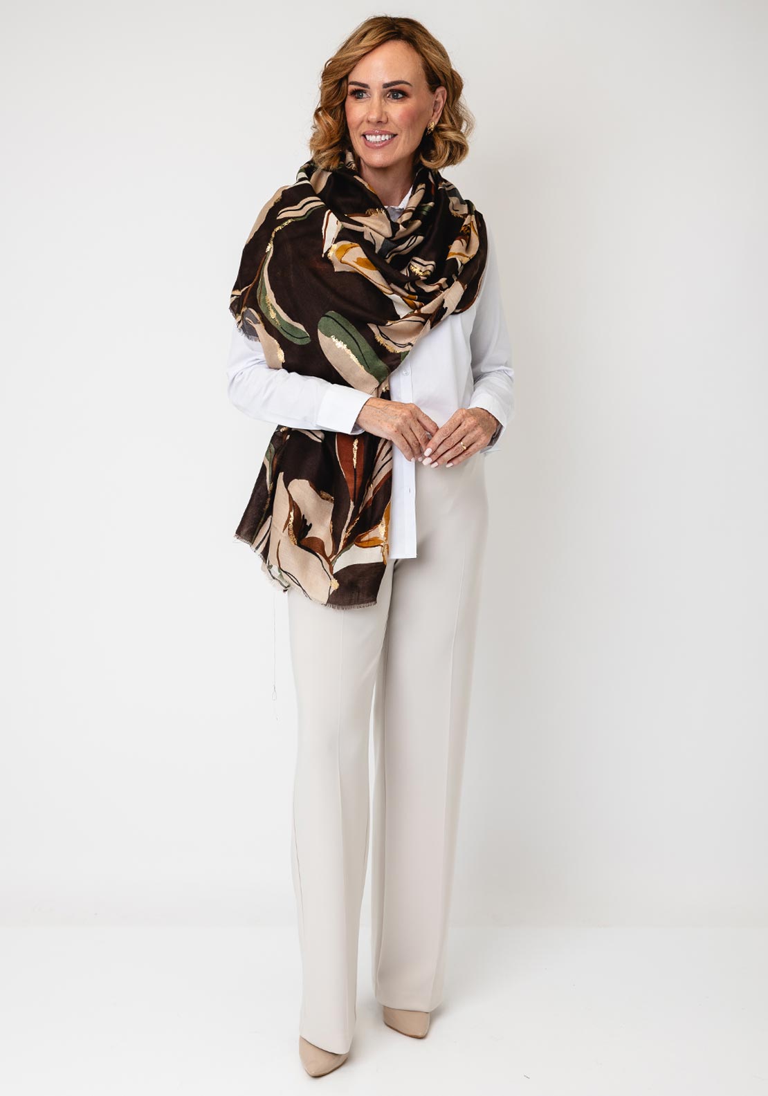 Serafina Collection Botanic Print with Gold Jacquard Detail Scarf, Brown Multi