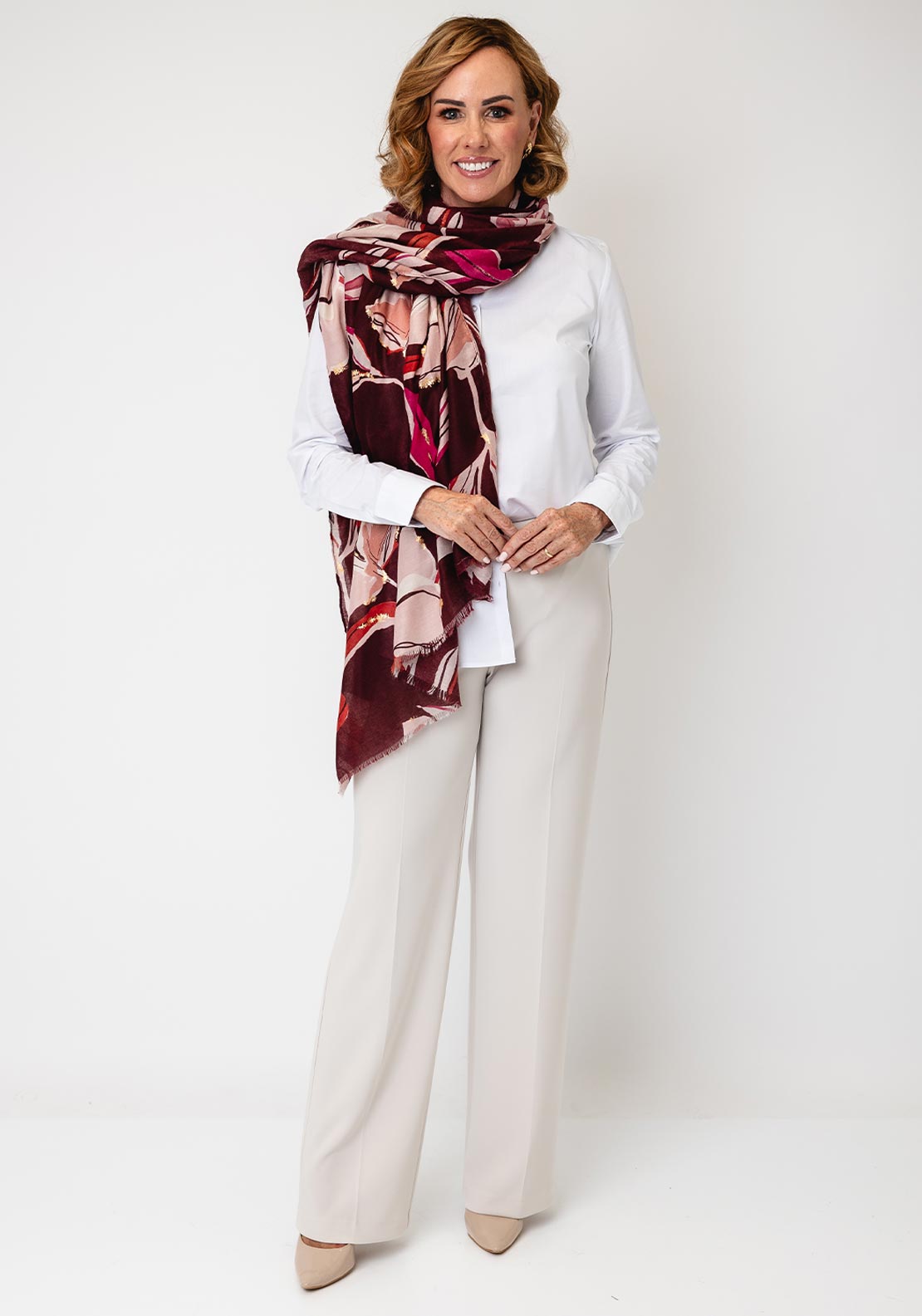 Serafina Collection Botanic Print with Gold Jacquard Detail Scarf, Wine Multi
