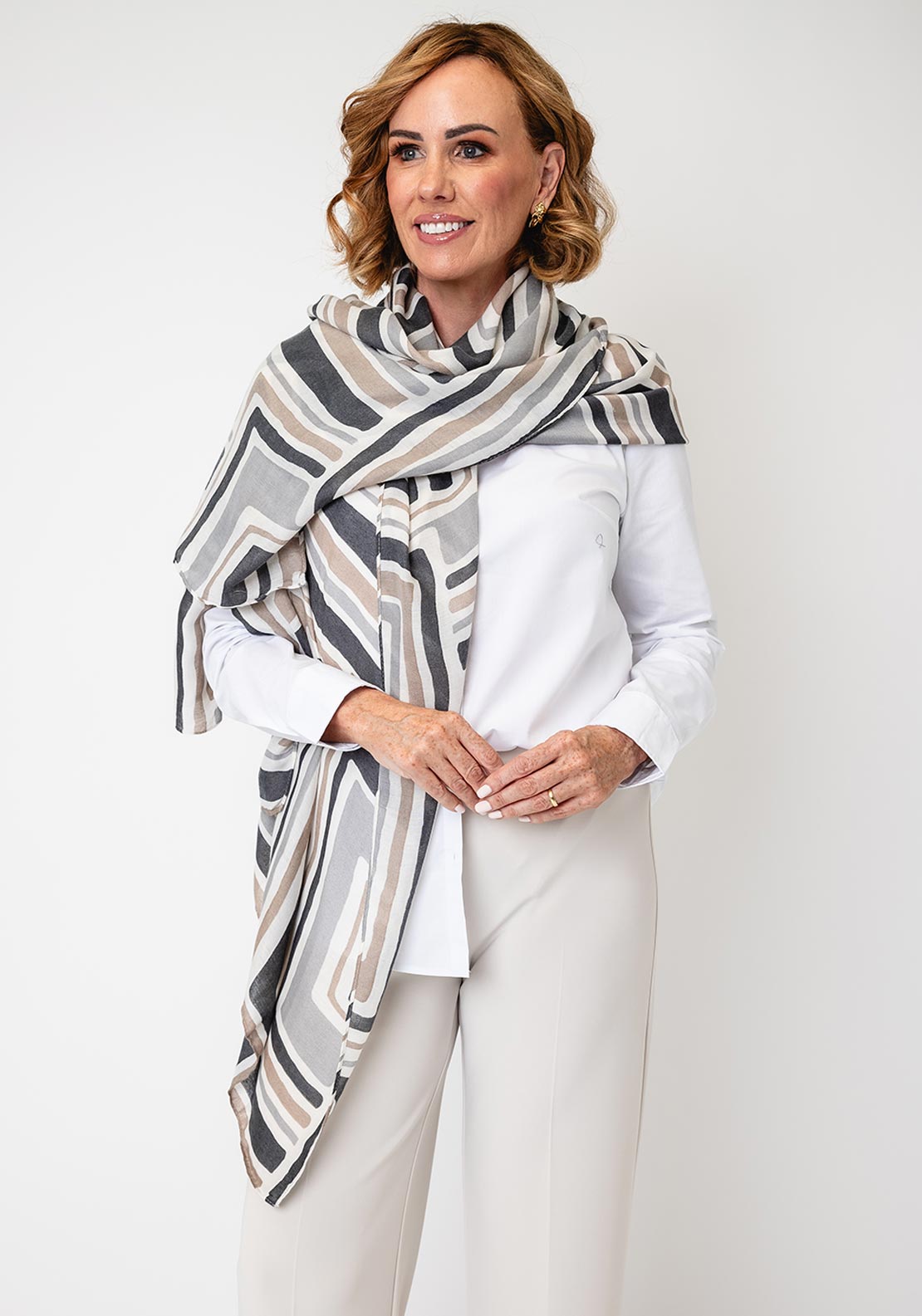 Serafina Collection Geometric Print Cotton-blend Scarf, Taupe Multi