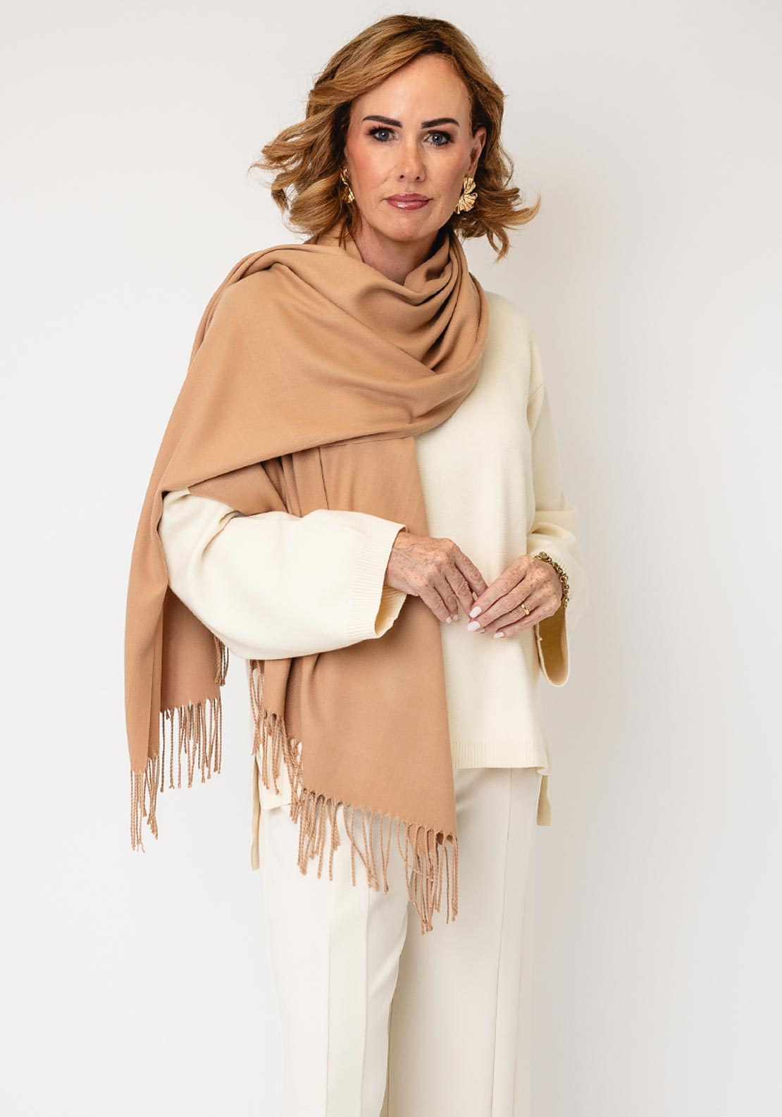 Serafina Collection Fringed Trim Cashmere-blend Pashmina, Beige