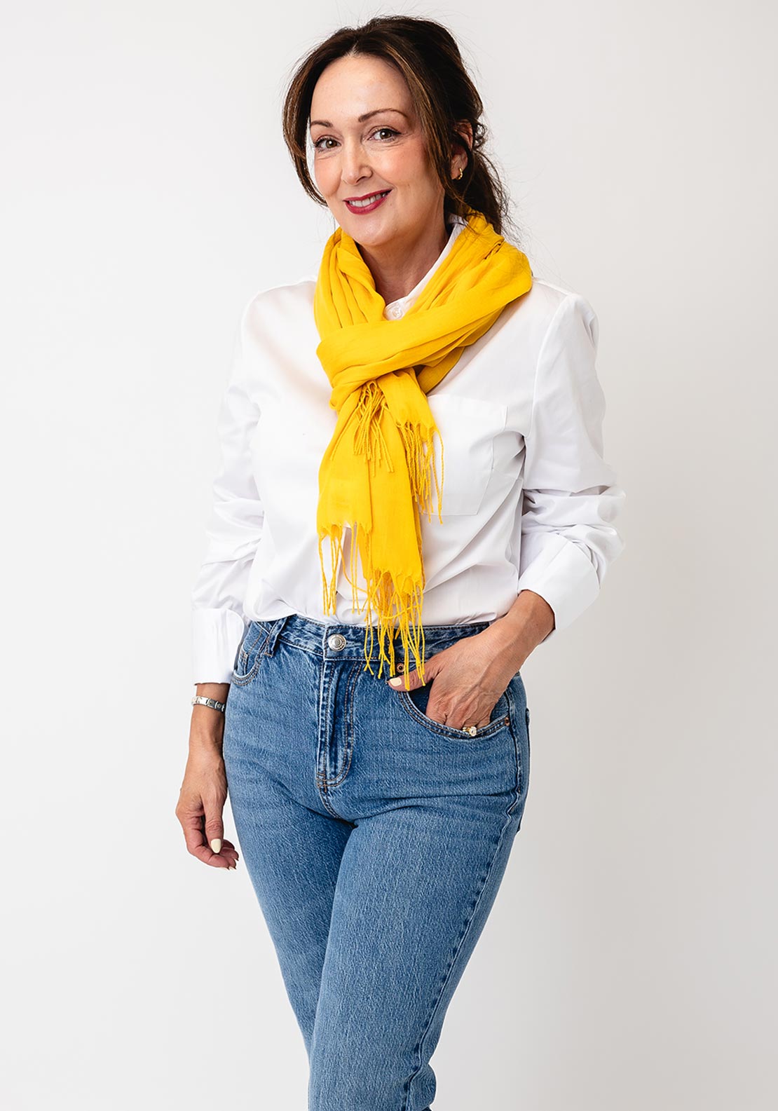 Serafina Lightweight Fringed Trim Pashmina Scarf, Yellow