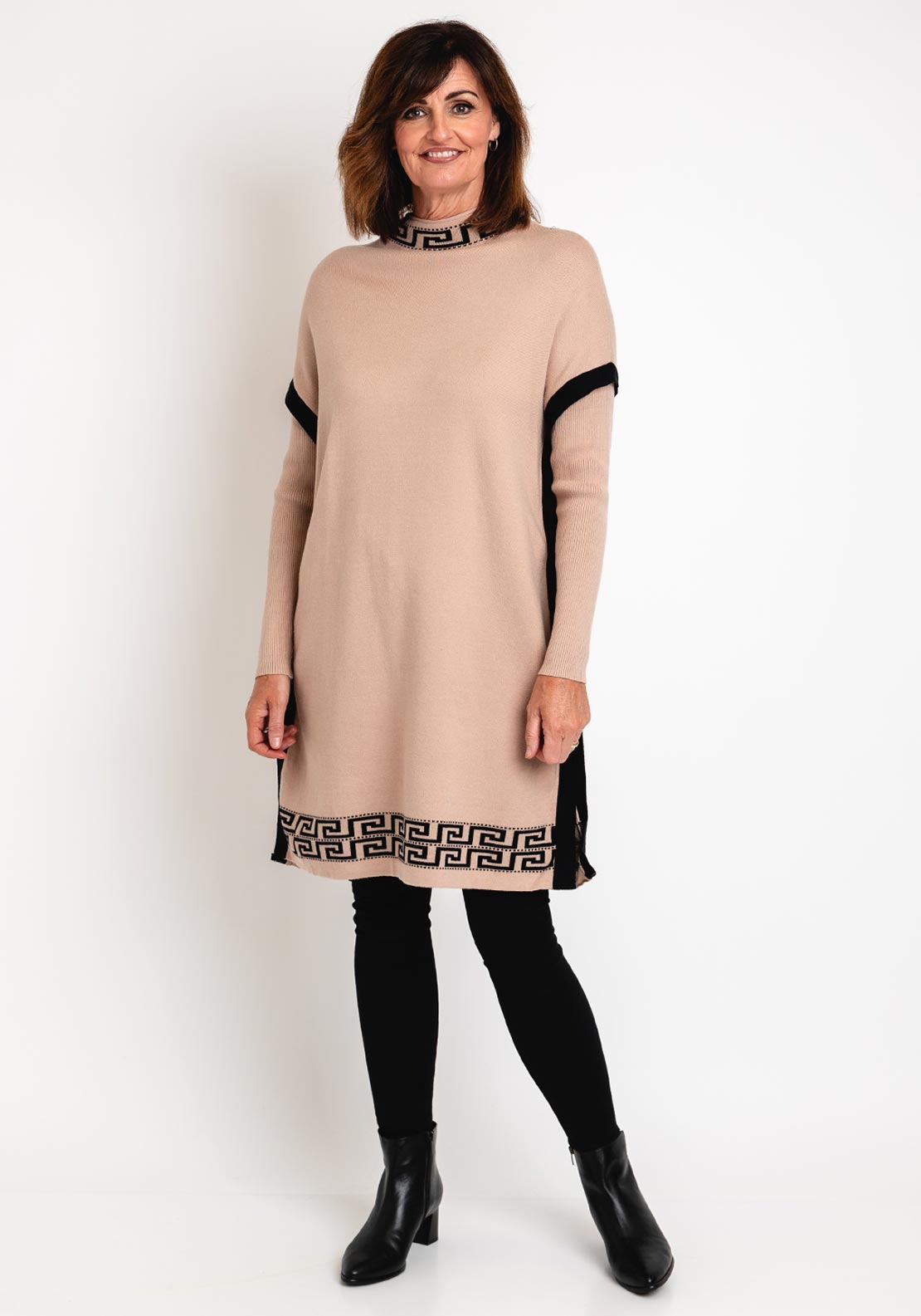 beige dress black tights Black wet look leggings and beige shirt dress & link up