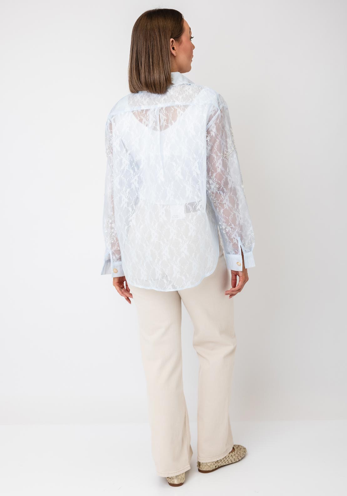 Serafina Embellished Mesh Lace Sheer Shirt, Light Blue