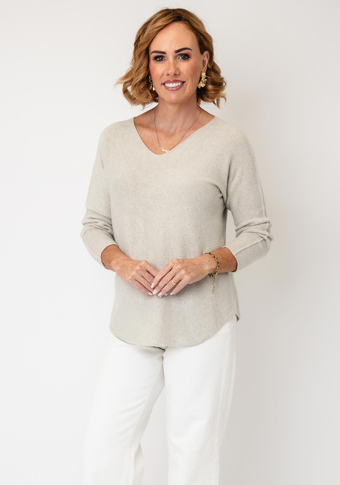 Serafina Collection V-Neck Knitted Jumper, Stone