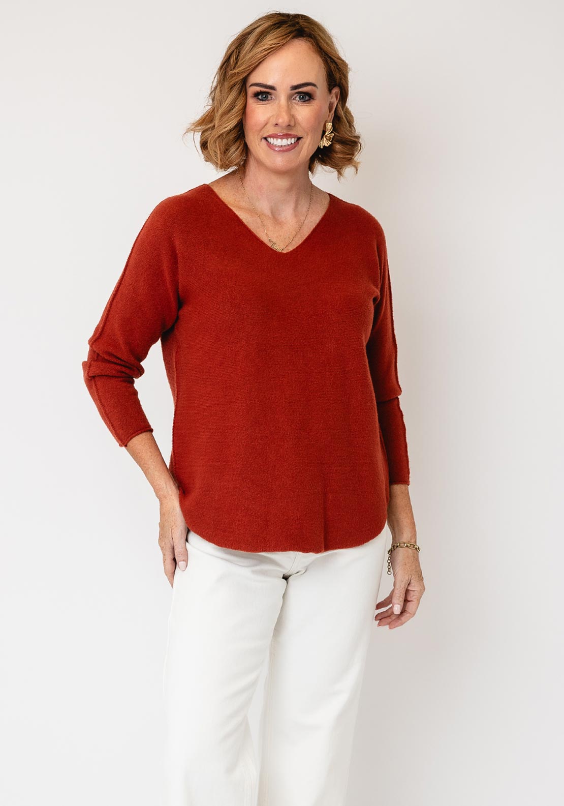 Serafina Collection V-Neck Knitted Jumper, Orange
