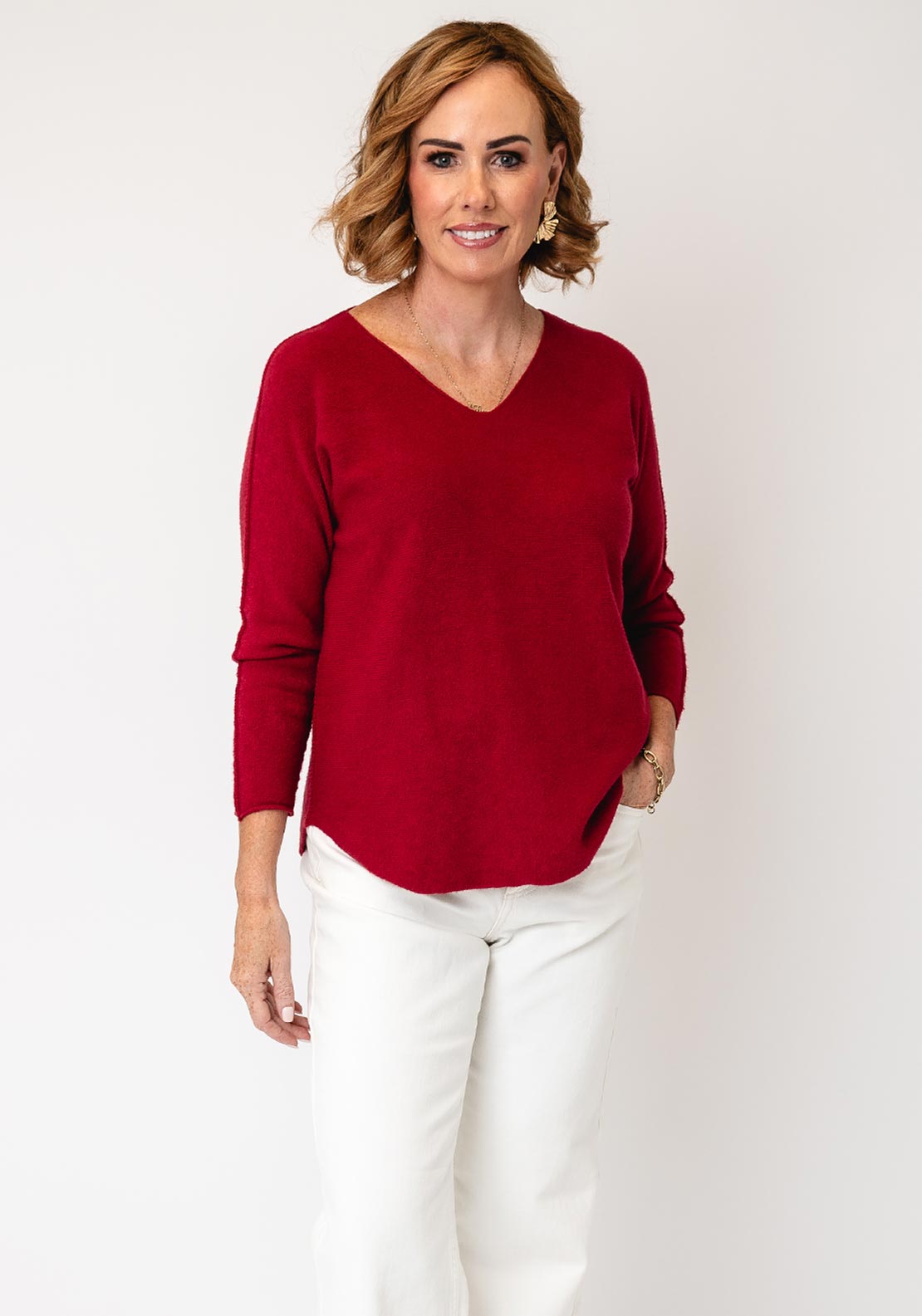 Serafina Collection V-Neck Knitted Jumper, Wine