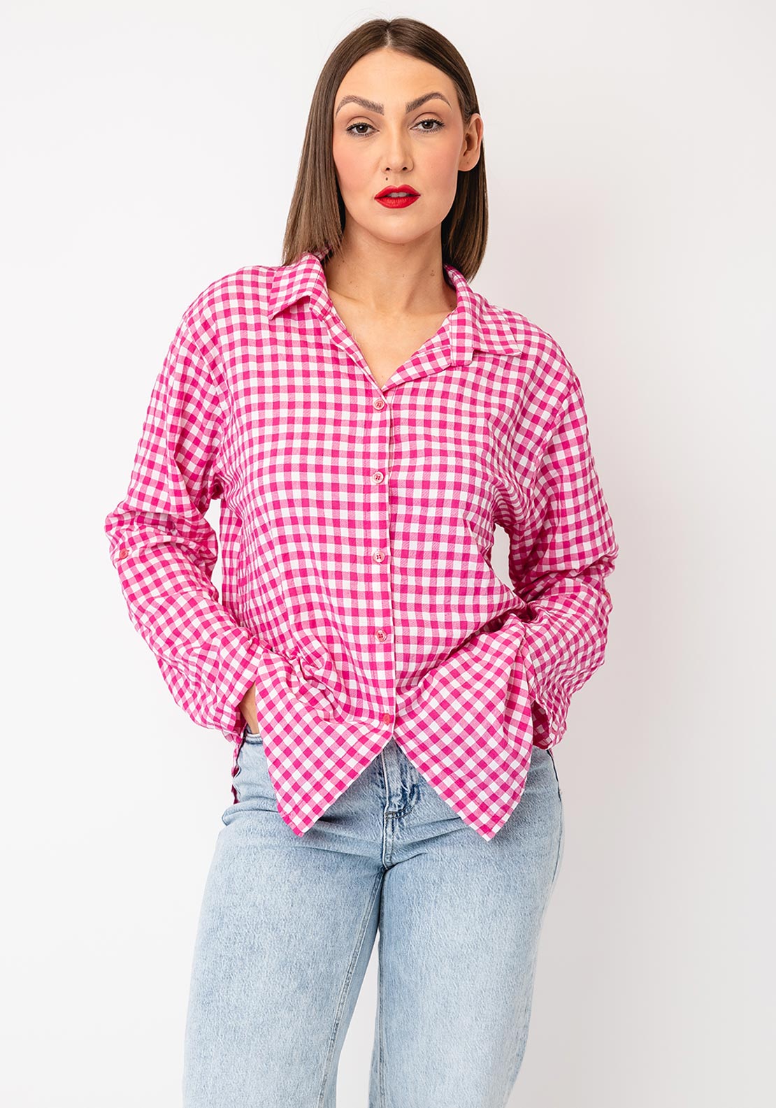 Serafina Checked Button Down Shirt, Fuchsia