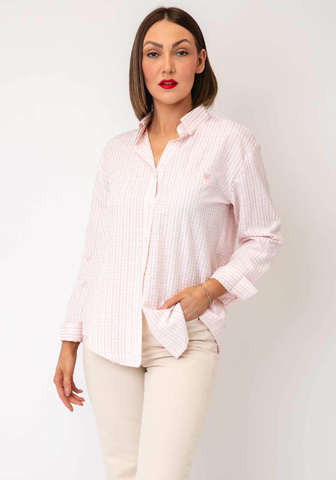 Serafina Checked Button-Down Shirt, Light Pink