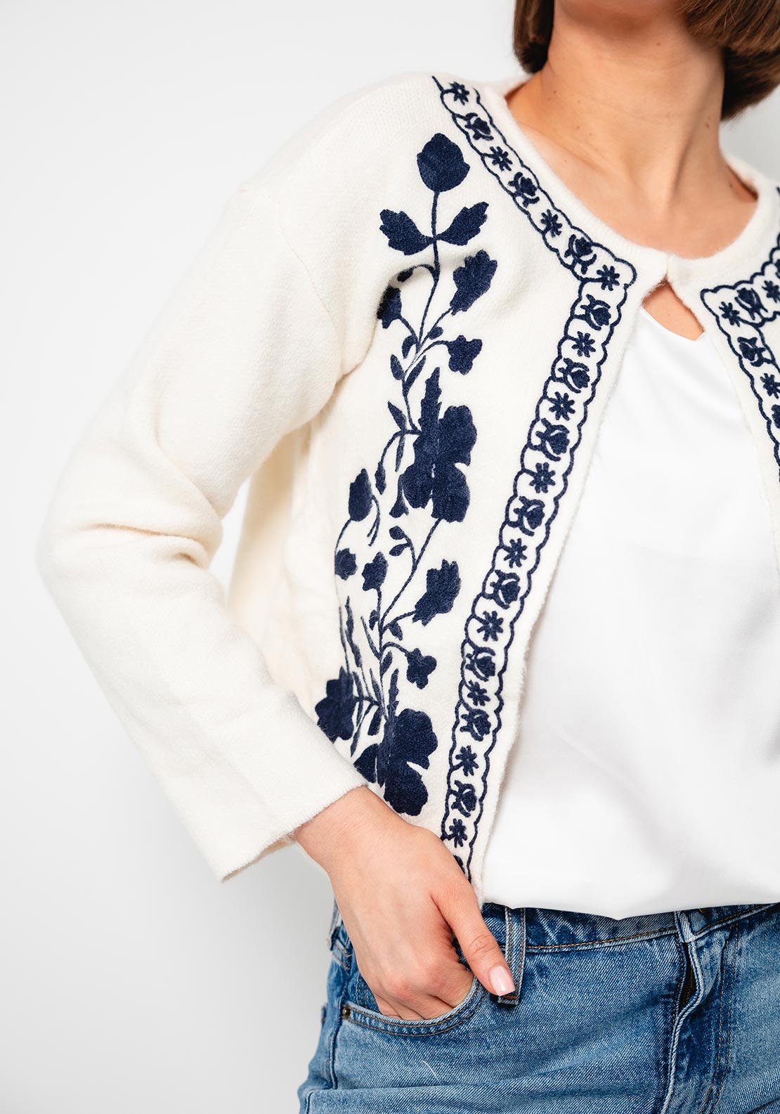 Serafina Collection Flower Embroidered Knit Cardigan, Off White