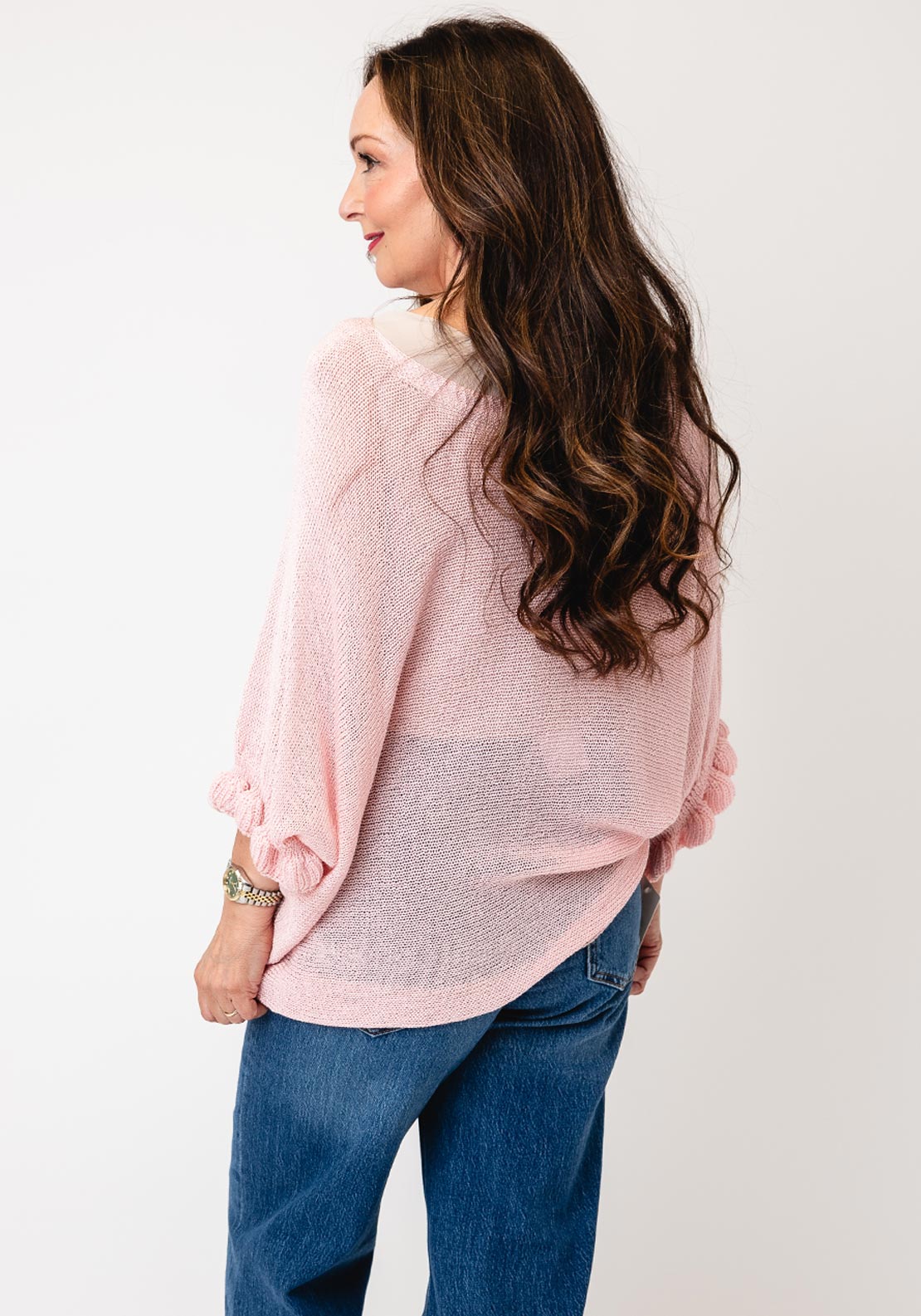 Serafina One Size Frill Sleeve Knit Jumper, Pink
