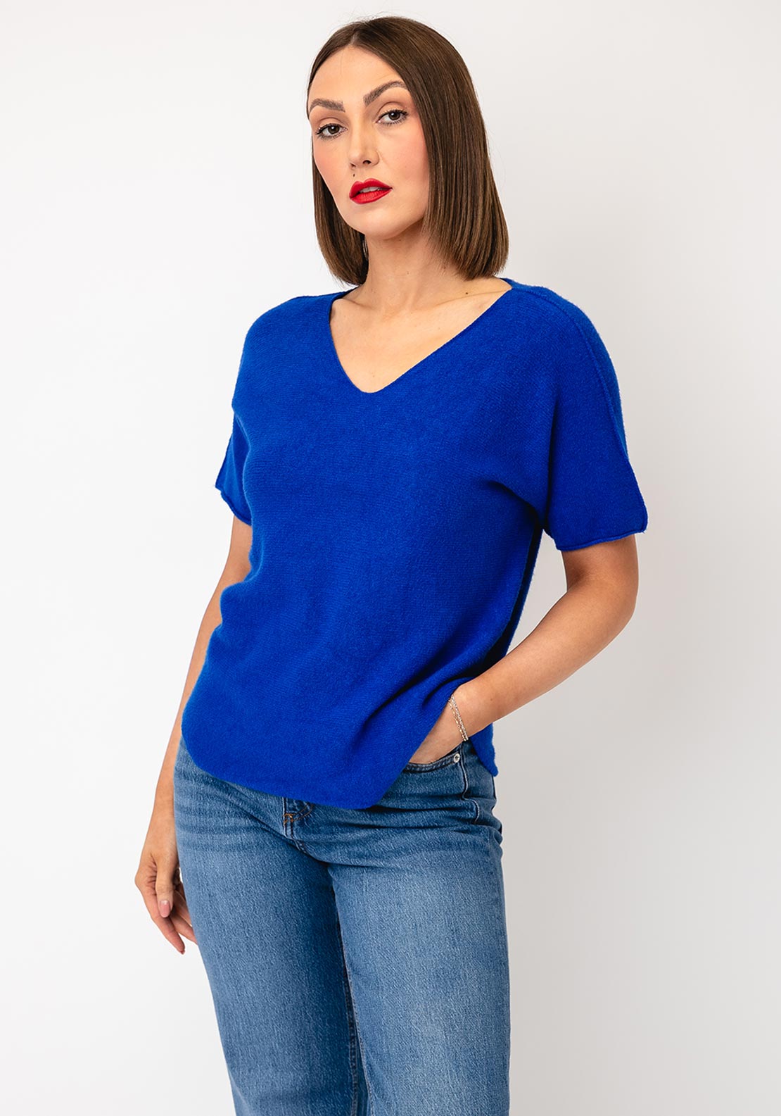 Serafina V-Neck Short Sleeve Jumper, Royal Blue