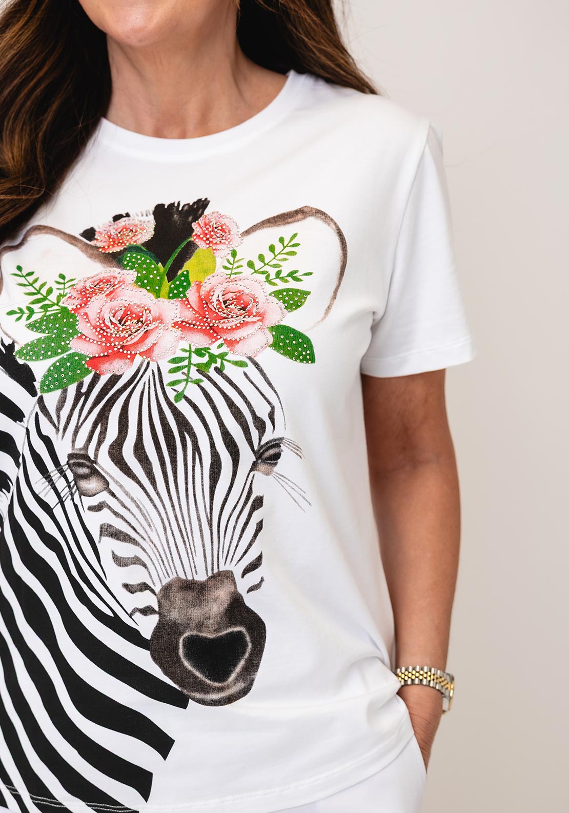 Serafina Animal and Floral Print with Rhinestone Detail T-Shirt, White