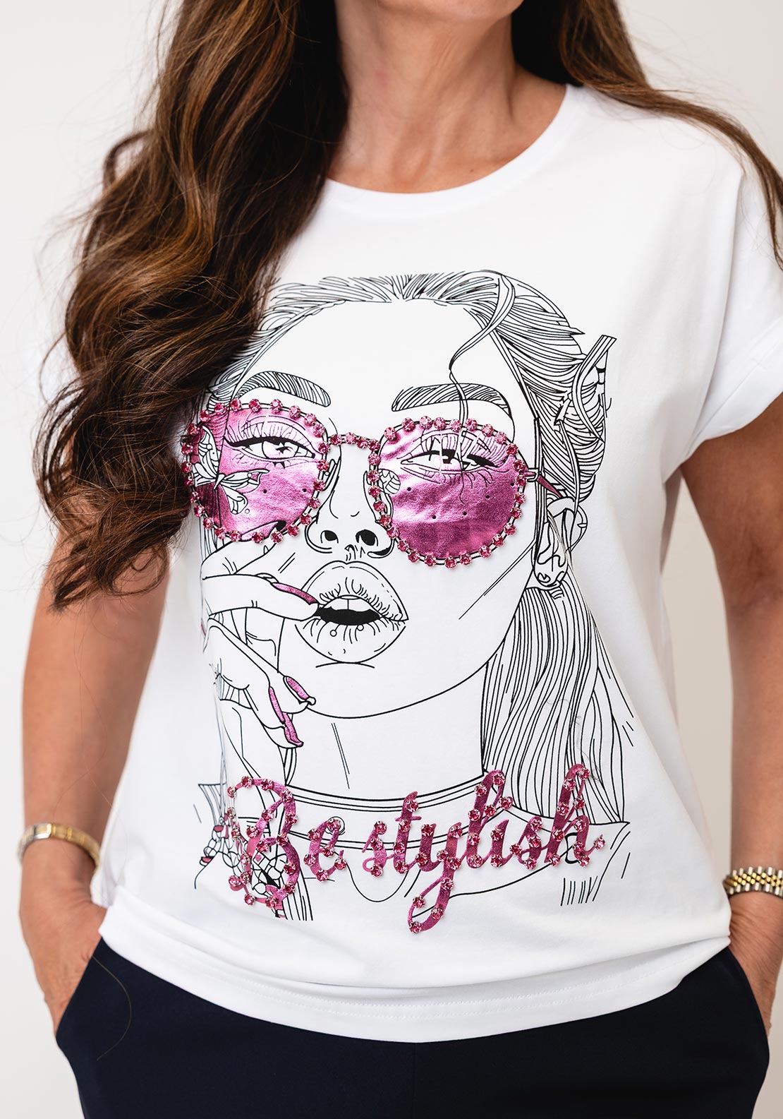 Serafina Graphic Print with Rhinestone Detail T-Shirt, White