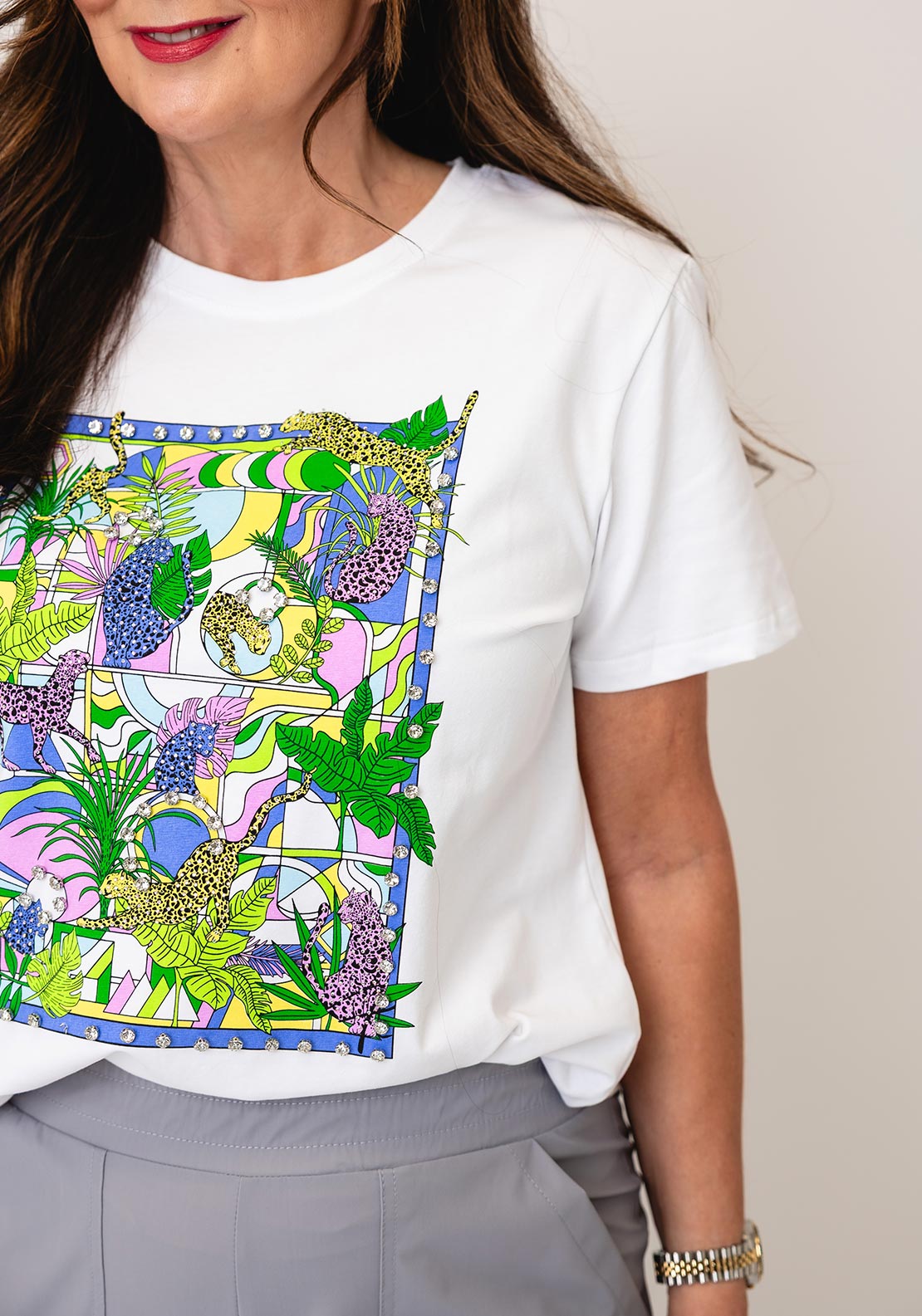Serafina Jungle Print Short Sleeve T-Shirt, White Multi