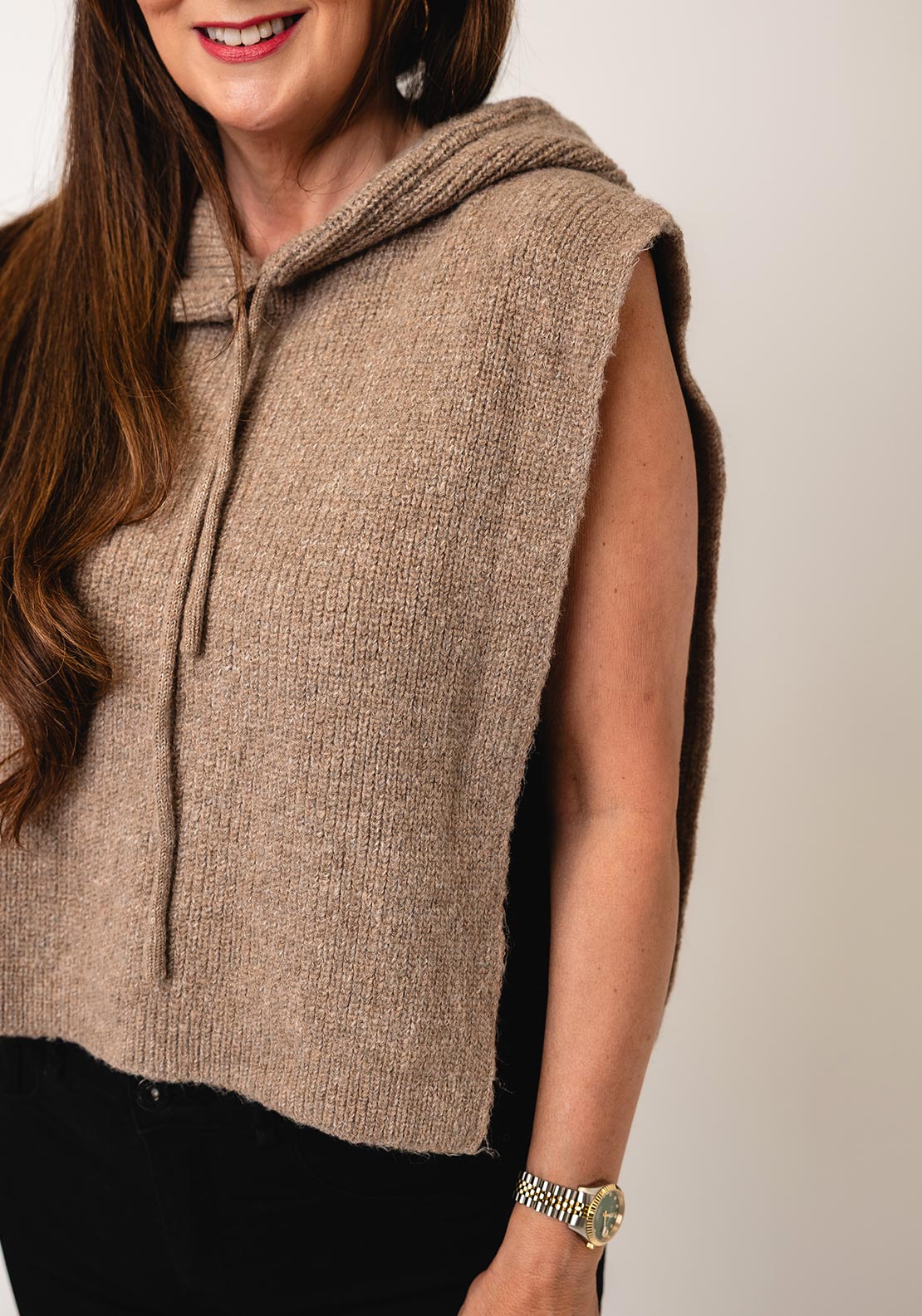 Serafina Collection One Size Hooded Knit Vest, Taupe