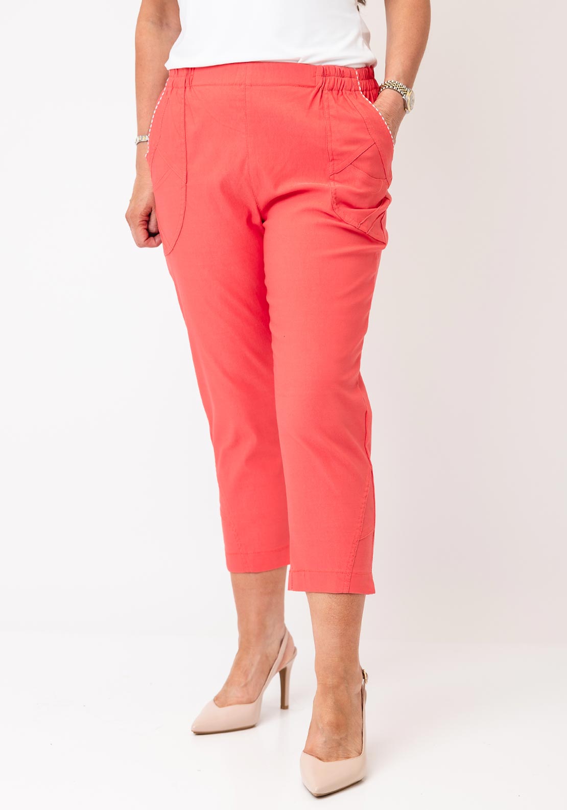 Serafina Elasticated Slim Leg Capri Trousers, Coral