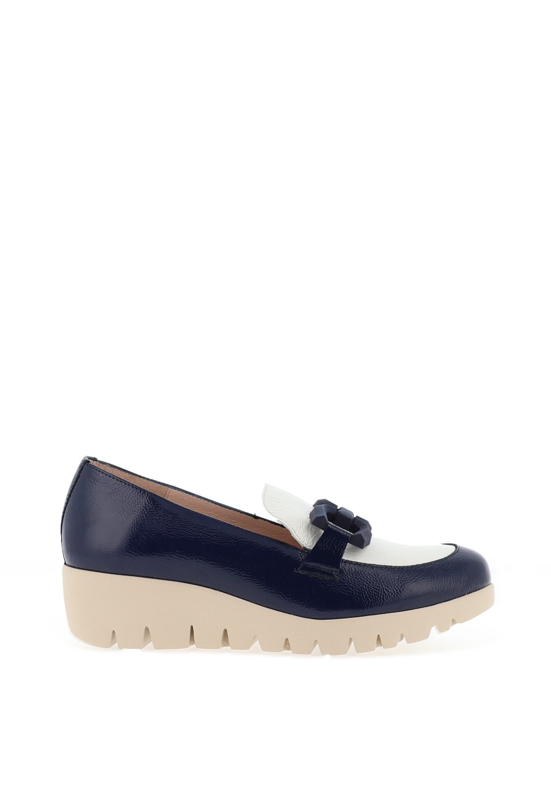 Wonders Patent Buckle Wedge Loafers, Navy and White McElhinneys