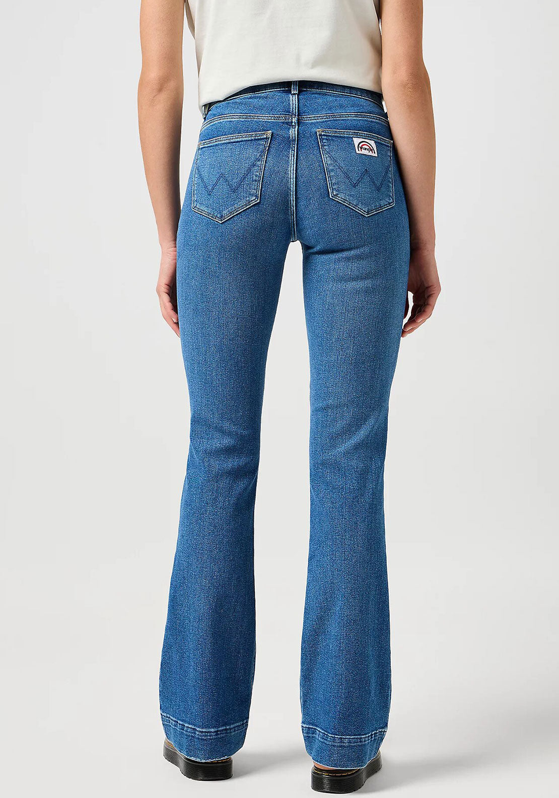 Wrangler Raven Pocket Detail Flare Jeans, Medium Blue