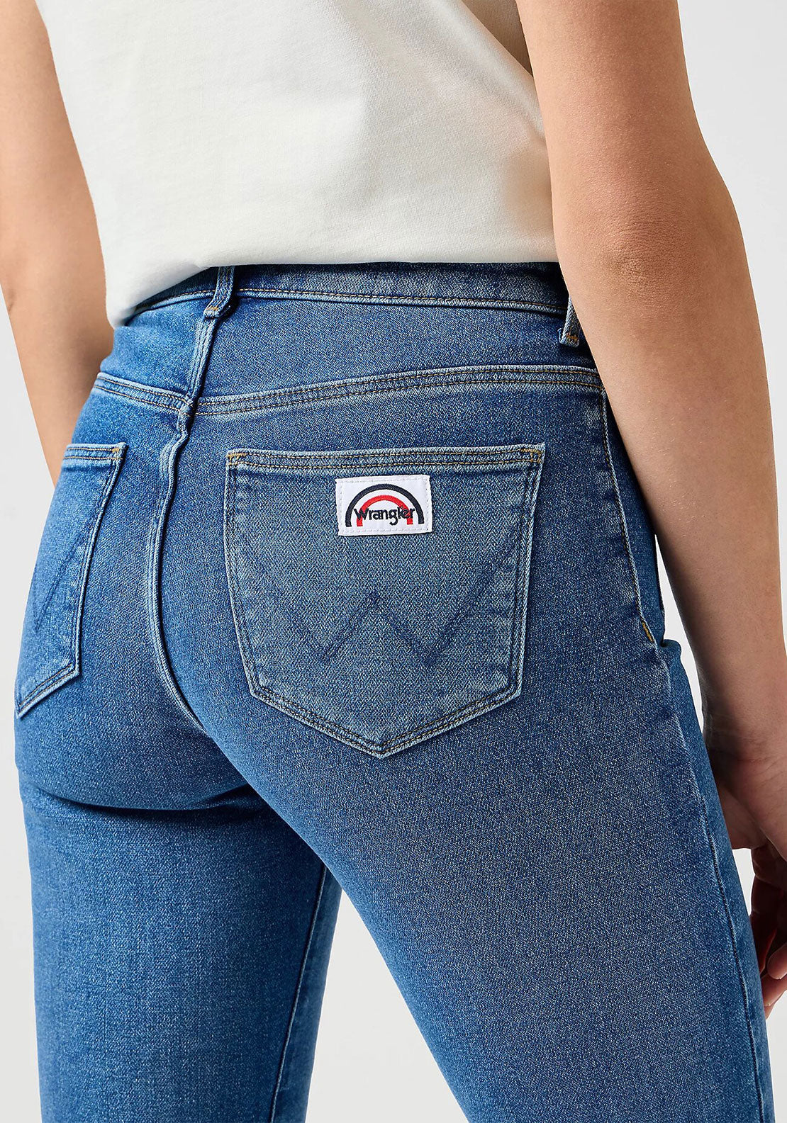 Wrangler Raven Pocket Detail Flare Jeans, Medium Blue