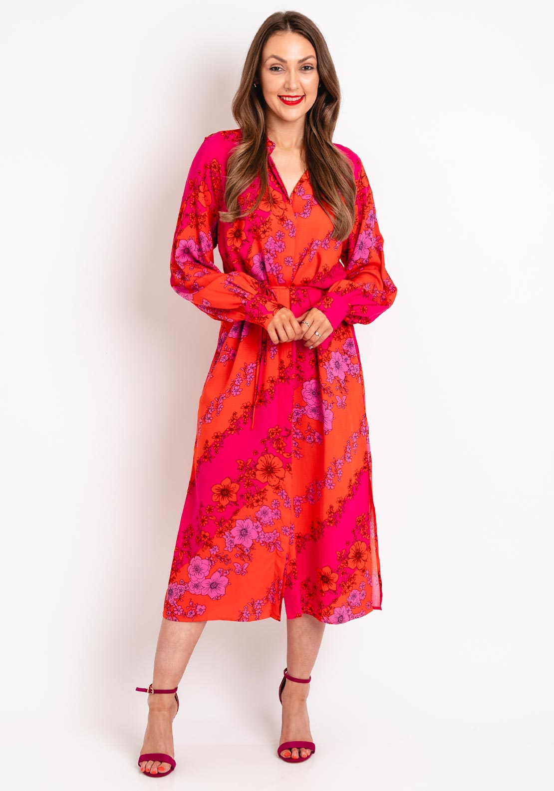 open lace back dress Y.A.S Scarlet Floral Print Shirt Midi Dress, Orange & Pink