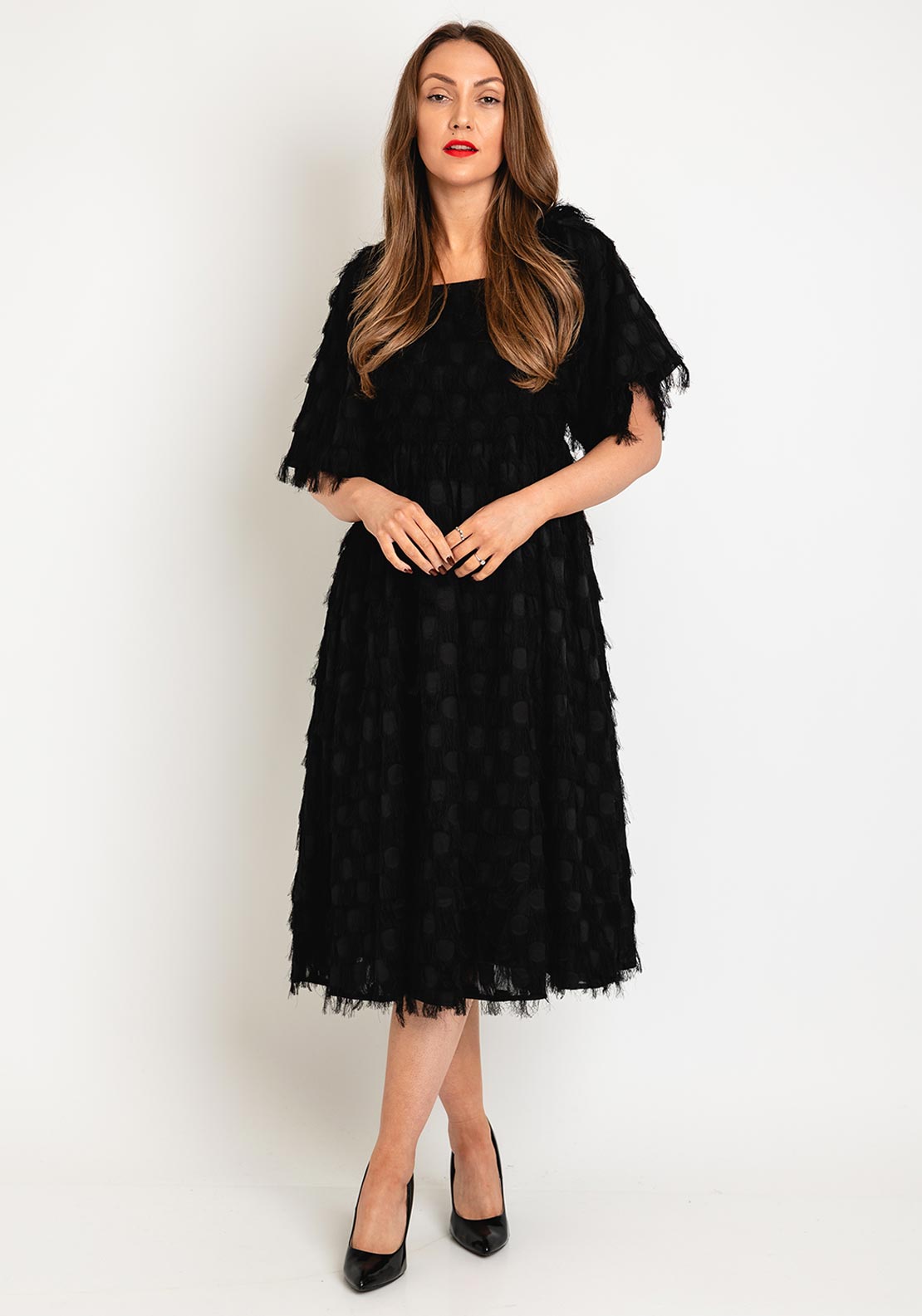 yas midi dress Y.A.S Square Neck Fringe Midi A-line Dress. Black