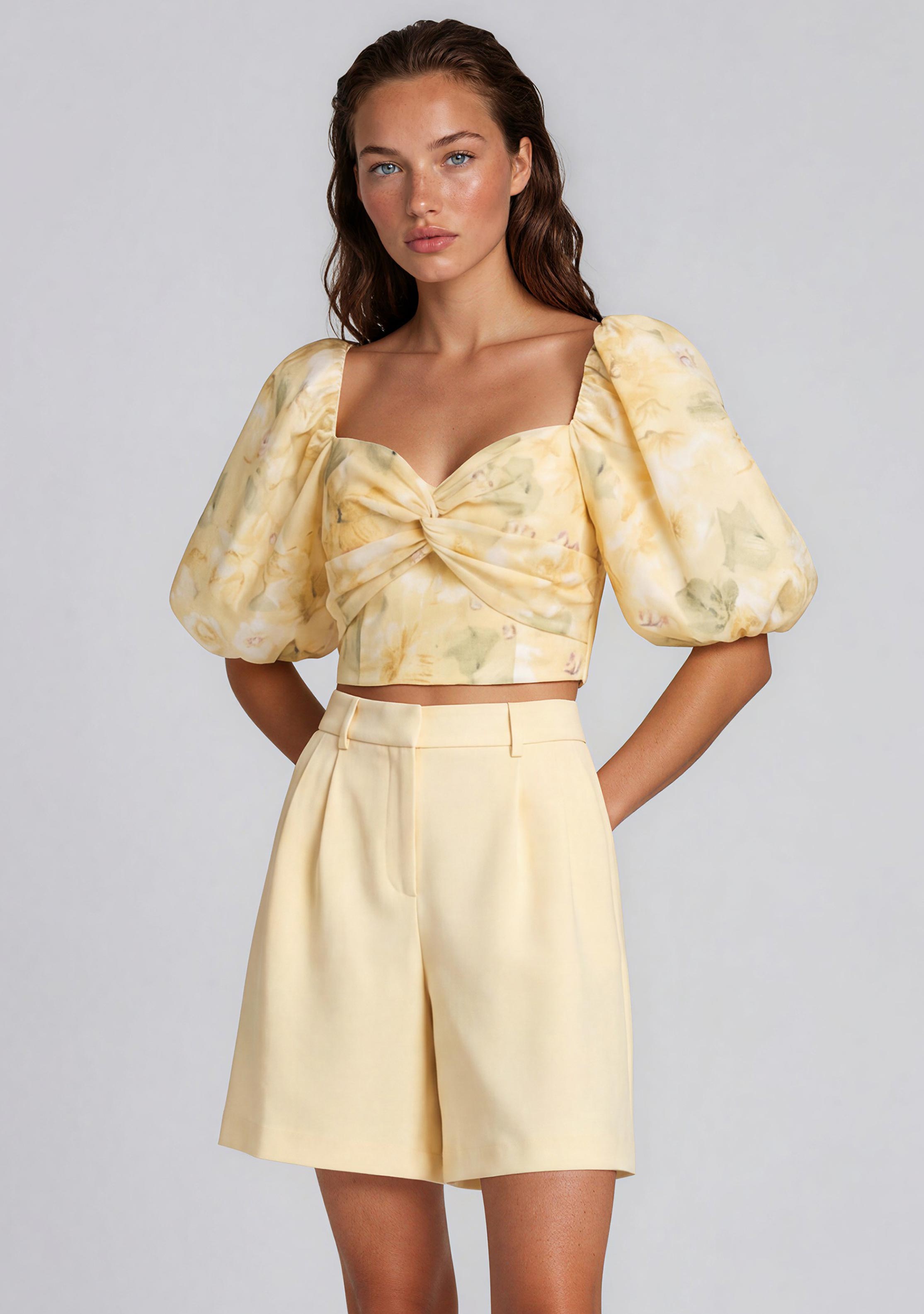 YAS Lemon Short Sleeve Cropped Floral Top, Yellow - McElhinneys