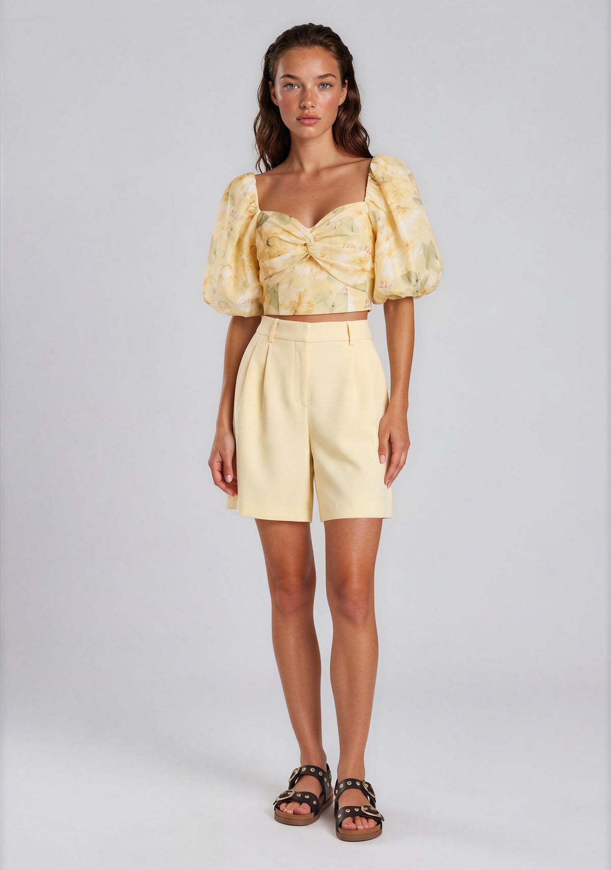 YAS Lemon Short Sleeve Cropped Floral Top, Yellow
