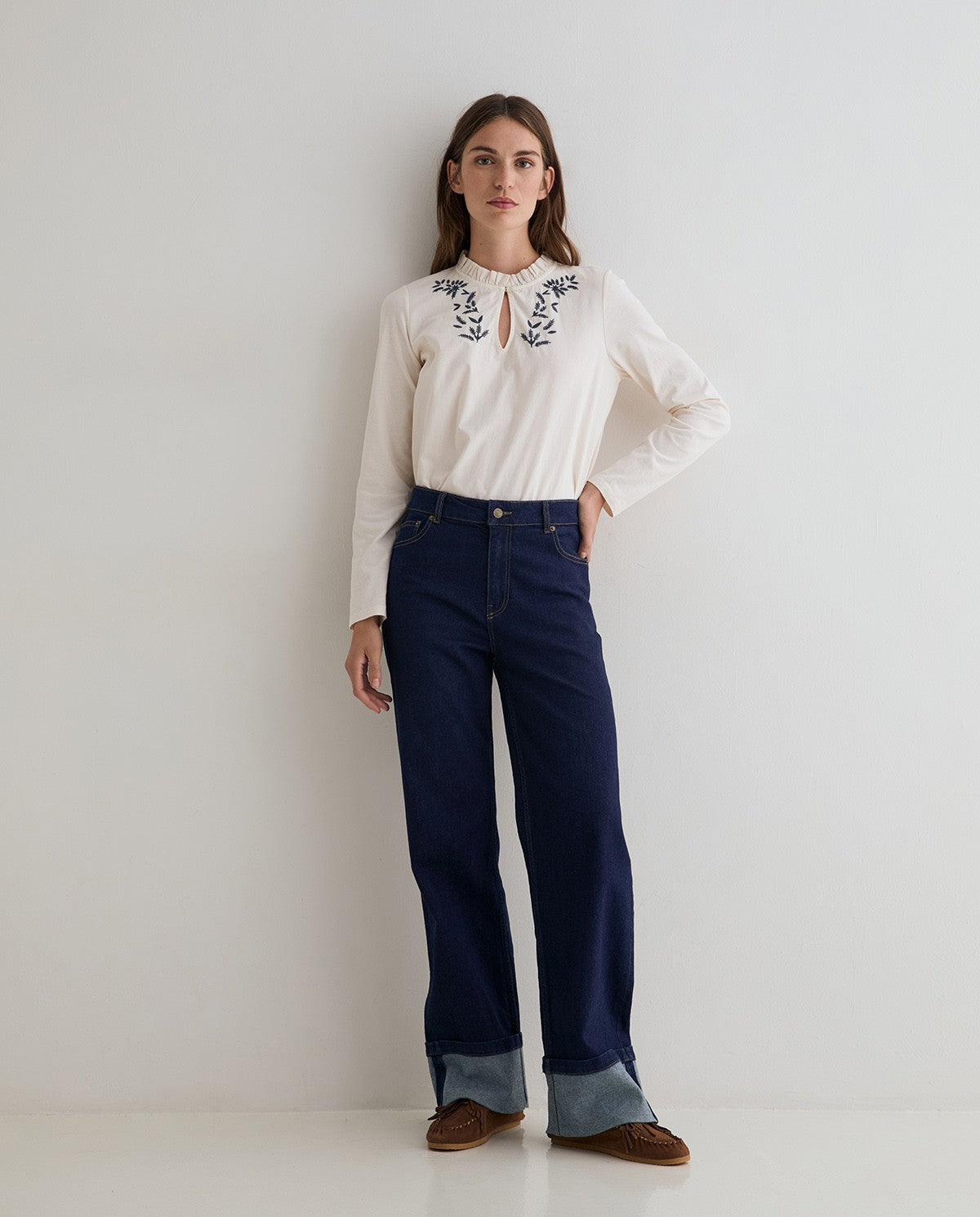 Yerse Turn Hem Wide Leg Jeans, Blue