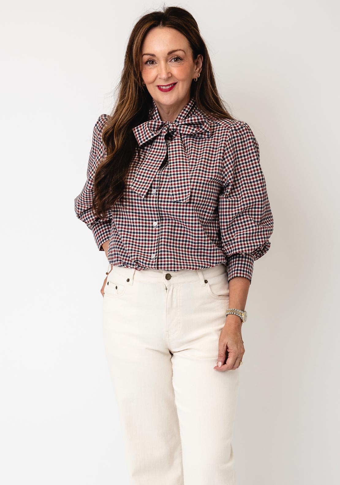 YERSE Checked Button Up with Scarf Detail Shirt, Blue Multi