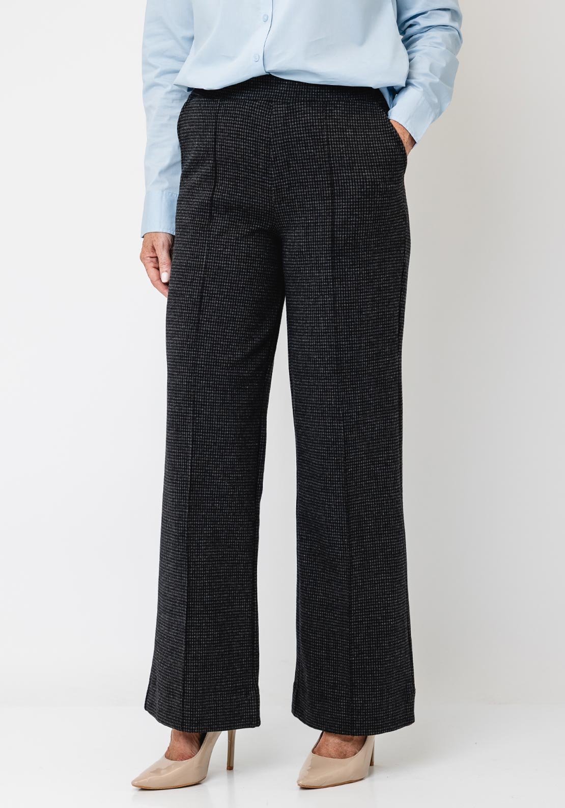 YERSE Checked Wide Leg Trousers, Navy