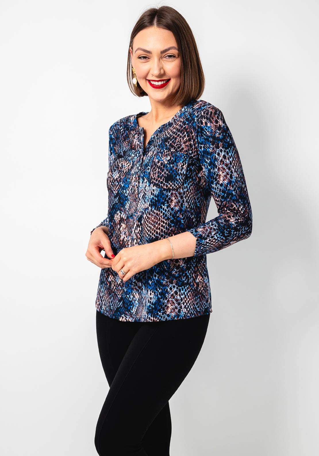 Yew Snake Print Button up Top, Blue