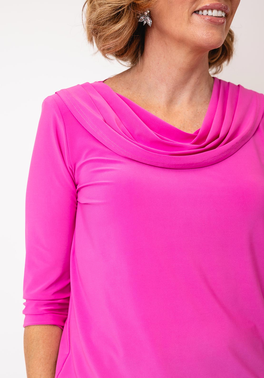 YEW Cowl Neck Cropped Sleeve Top, Magenta Pink