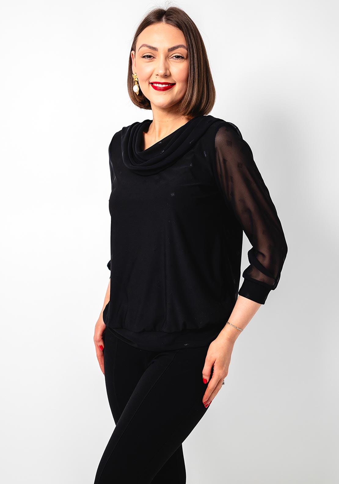Yew Chiffon Cowl Neck Patterned Top, Black