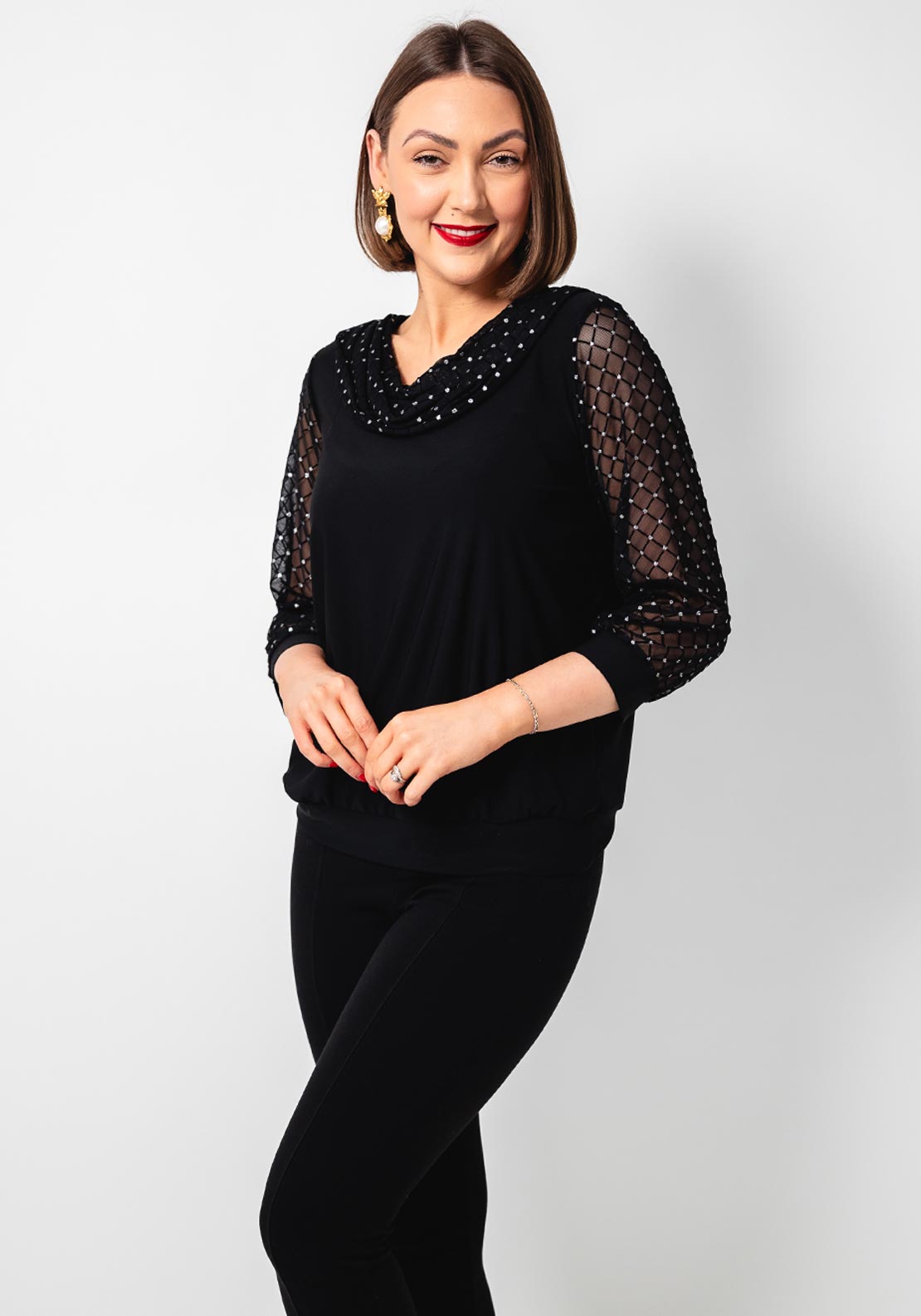 Yew Mesh Sparkle Cowl Neck Top, Black