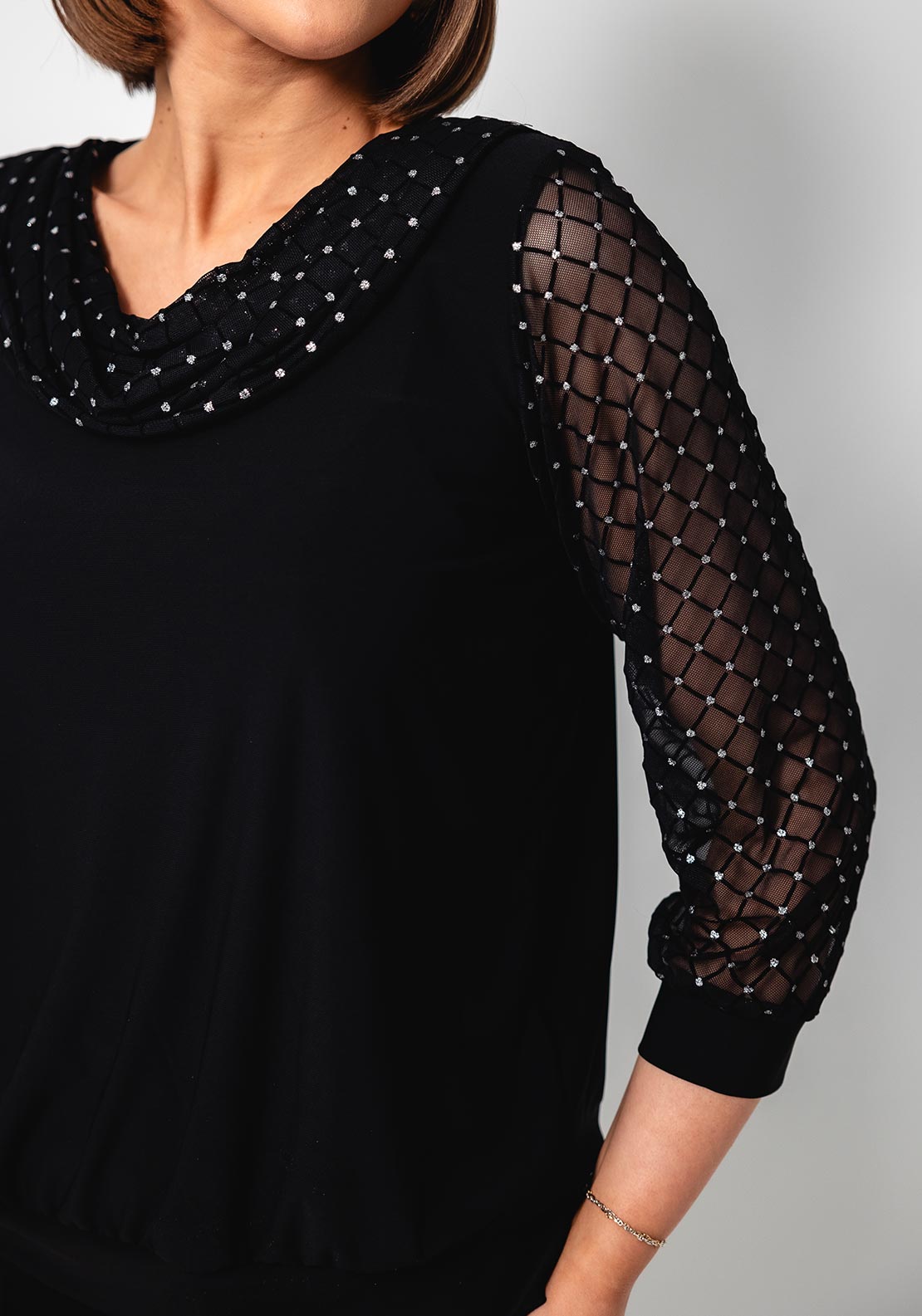 Yew Mesh Sparkle Cowl Neck Top, Black