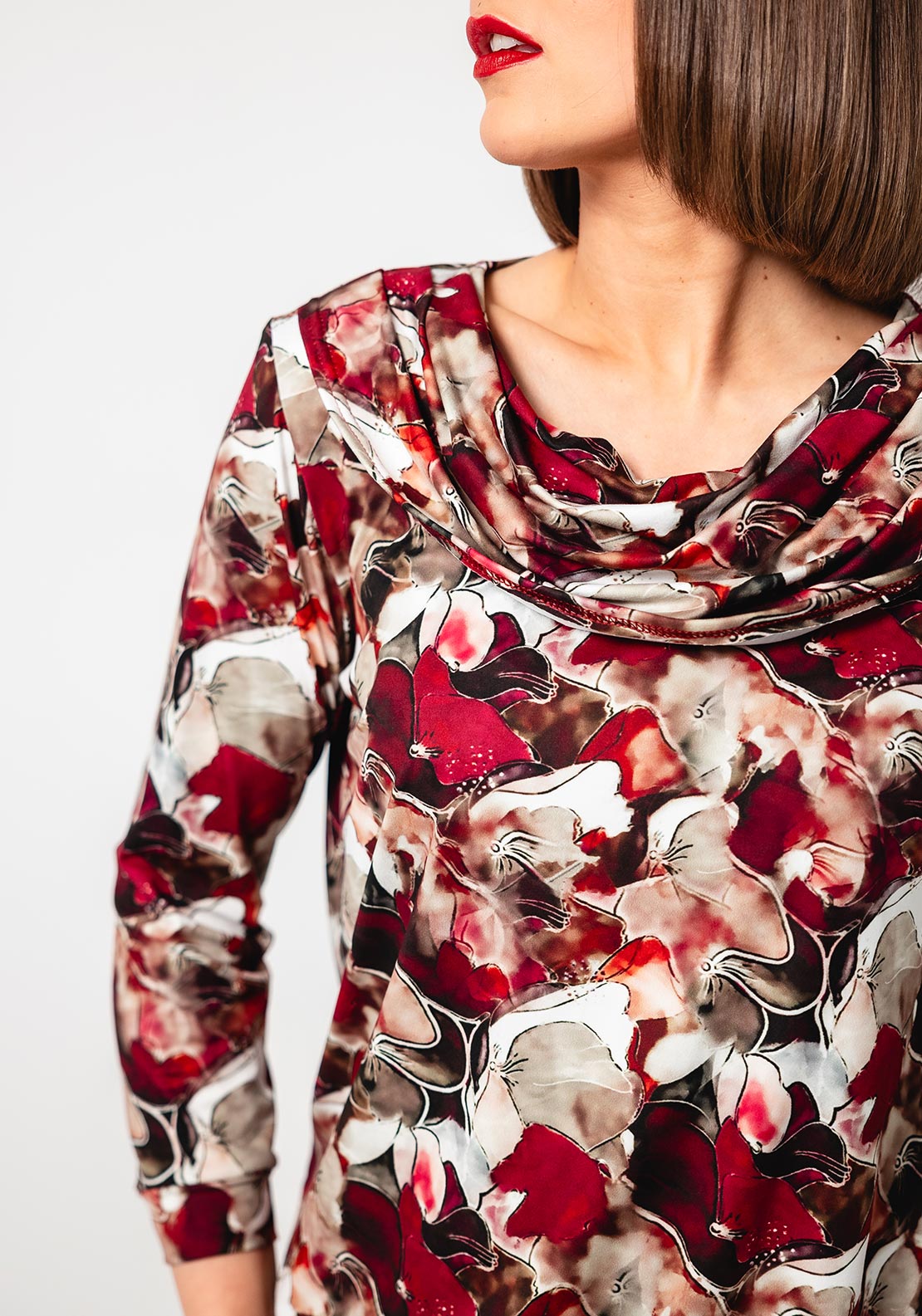 Yew Abstract Cowl Neck Top, Wine Multi