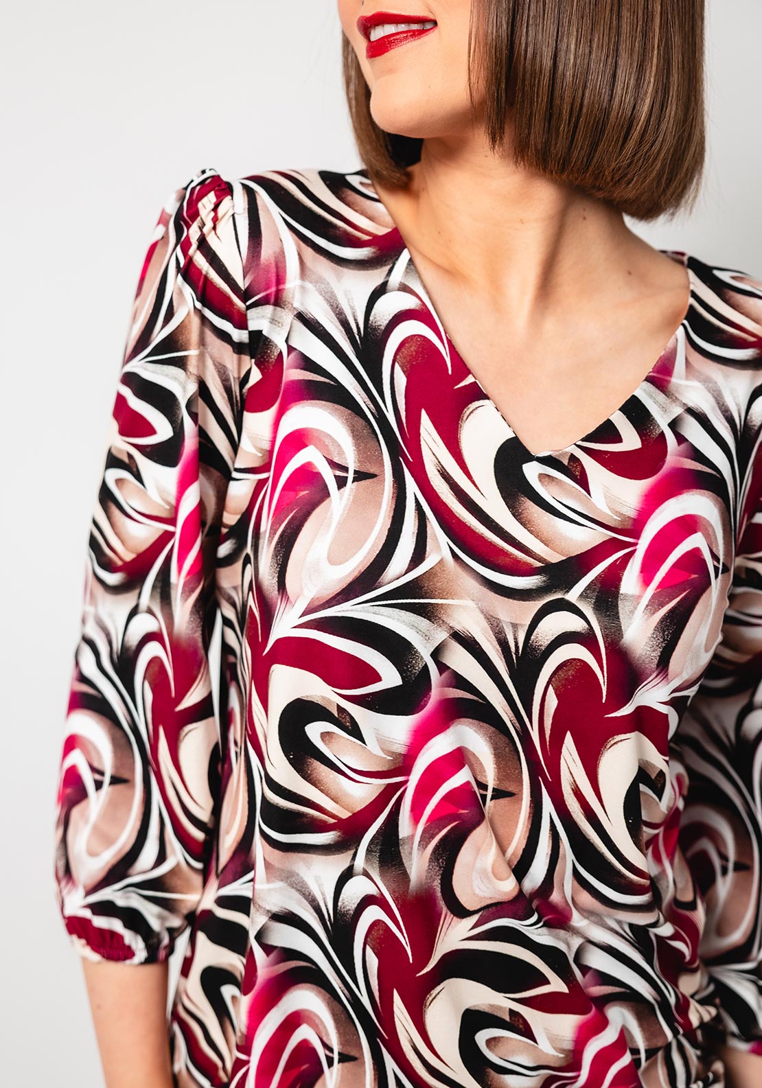 Yew Abstract Print V Neck Top, Beige