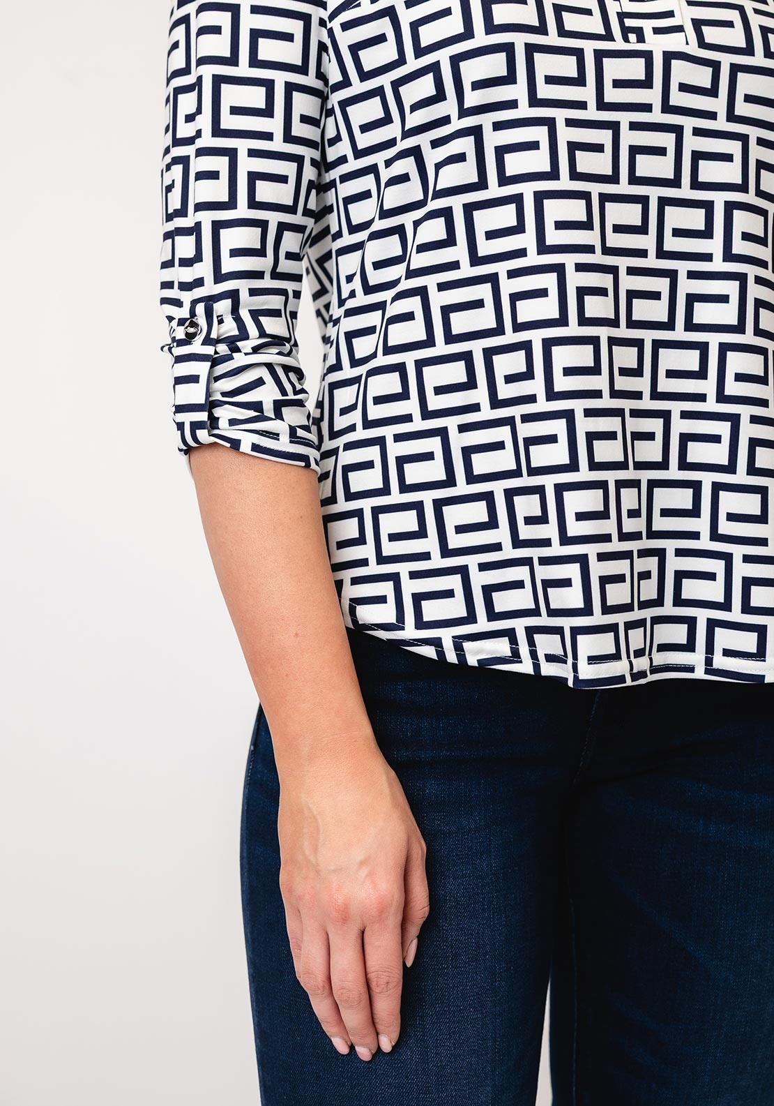 Yew Lattice Print Half Button Top, Navy & White
