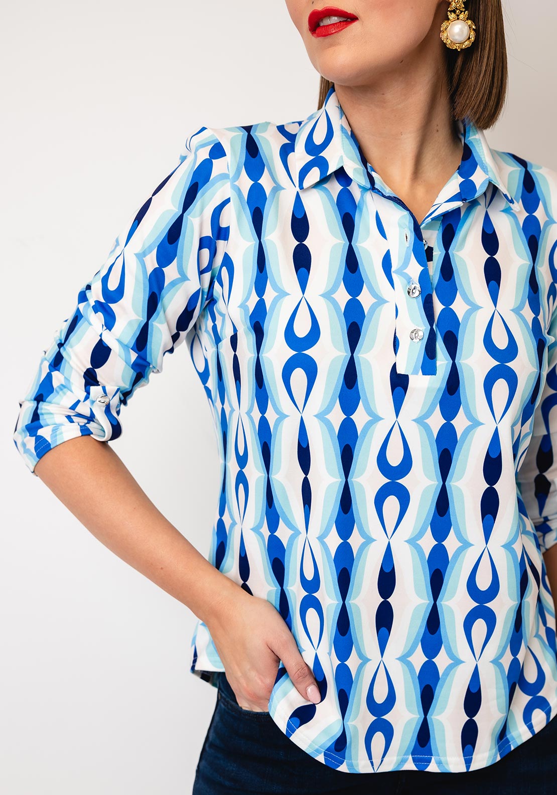 Yew Abstract Print Half Button Top, Teal Blue