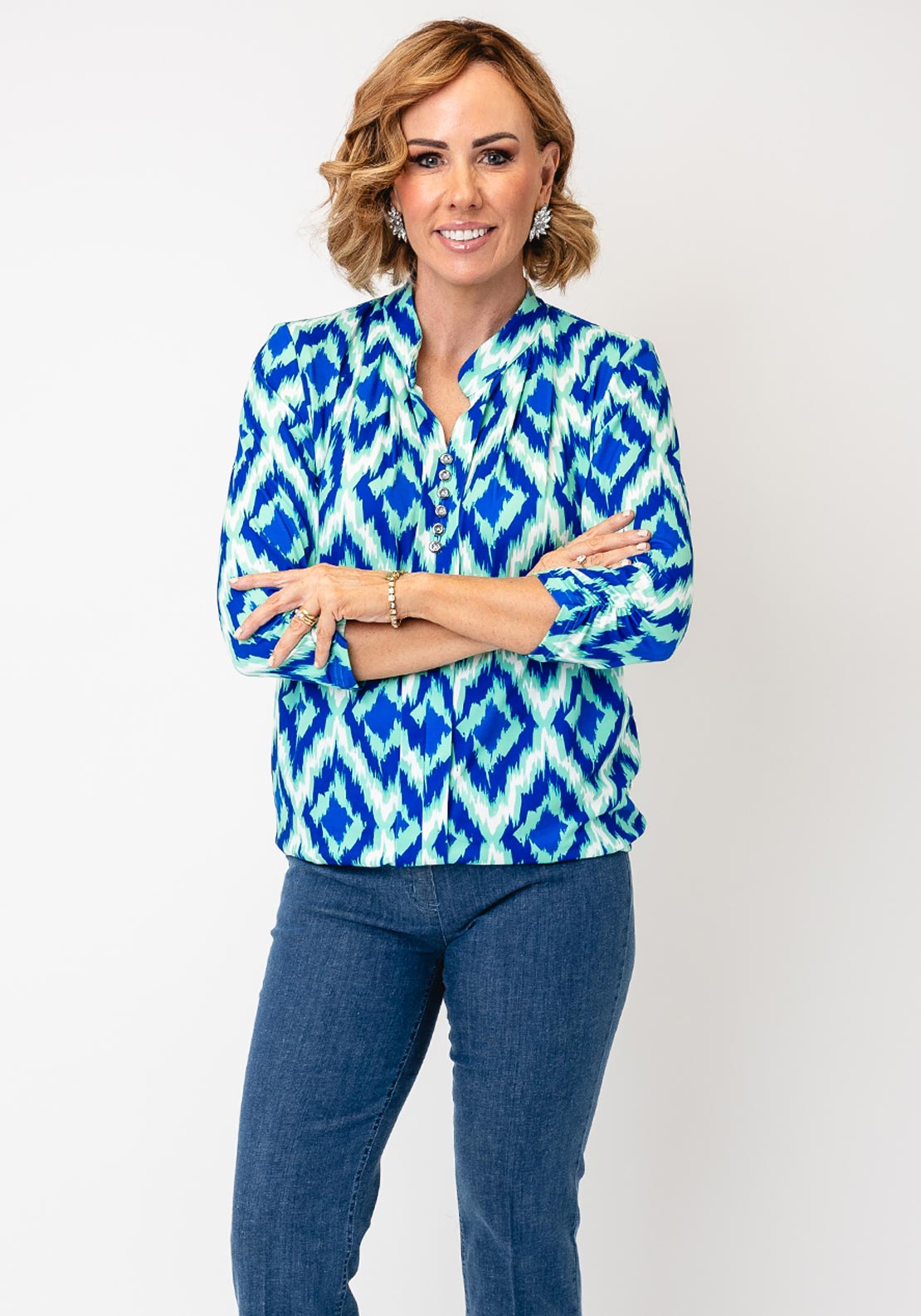 YEW Abstract Geo Print Button Detail Top, Green & Blue