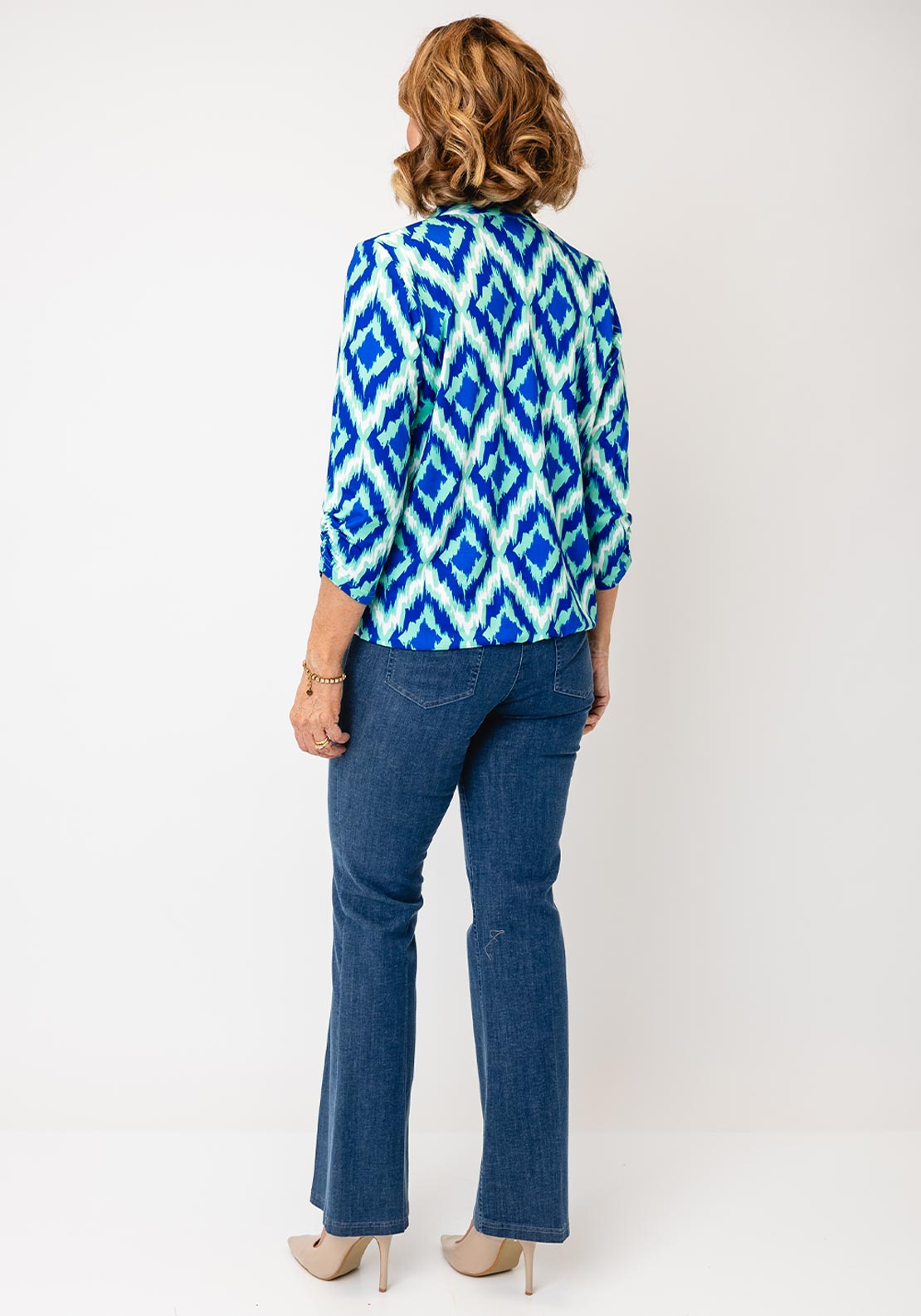 YEW Abstract Geo Print Button Detail Top, Green & Blue