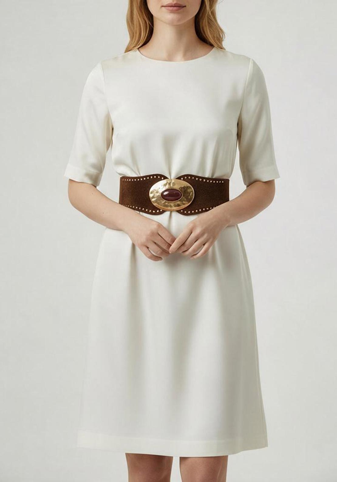 Serafina Collection Suedette Brooch Detail Elasticated Belt, Brown